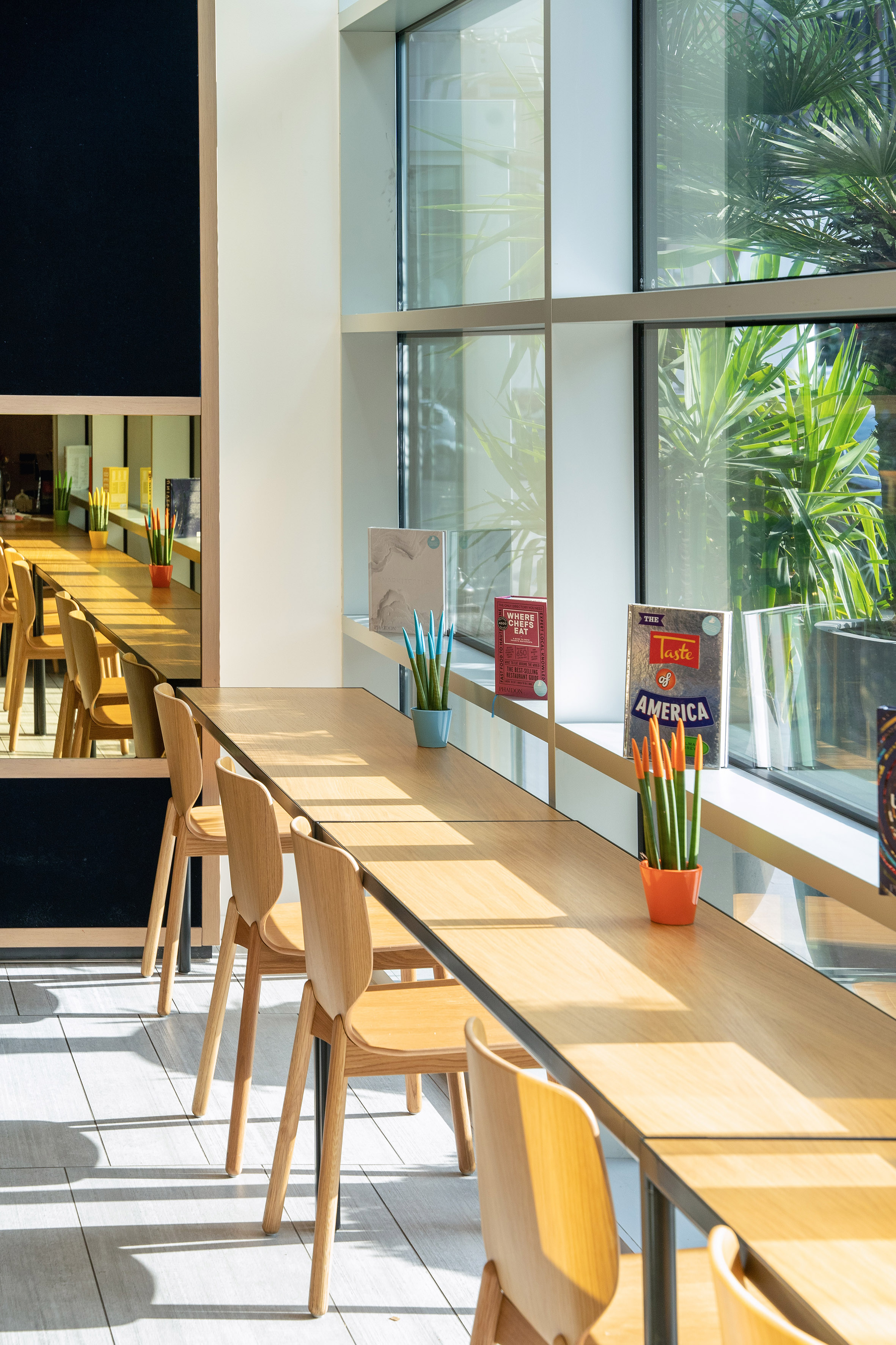 Bright cafe interior with long wooden tables, chairs, plants, and window seating.