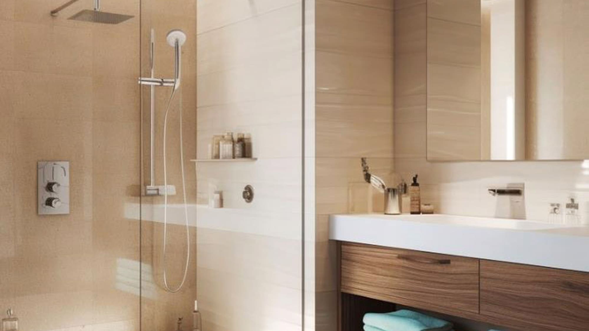a bathroom with a glass shower door