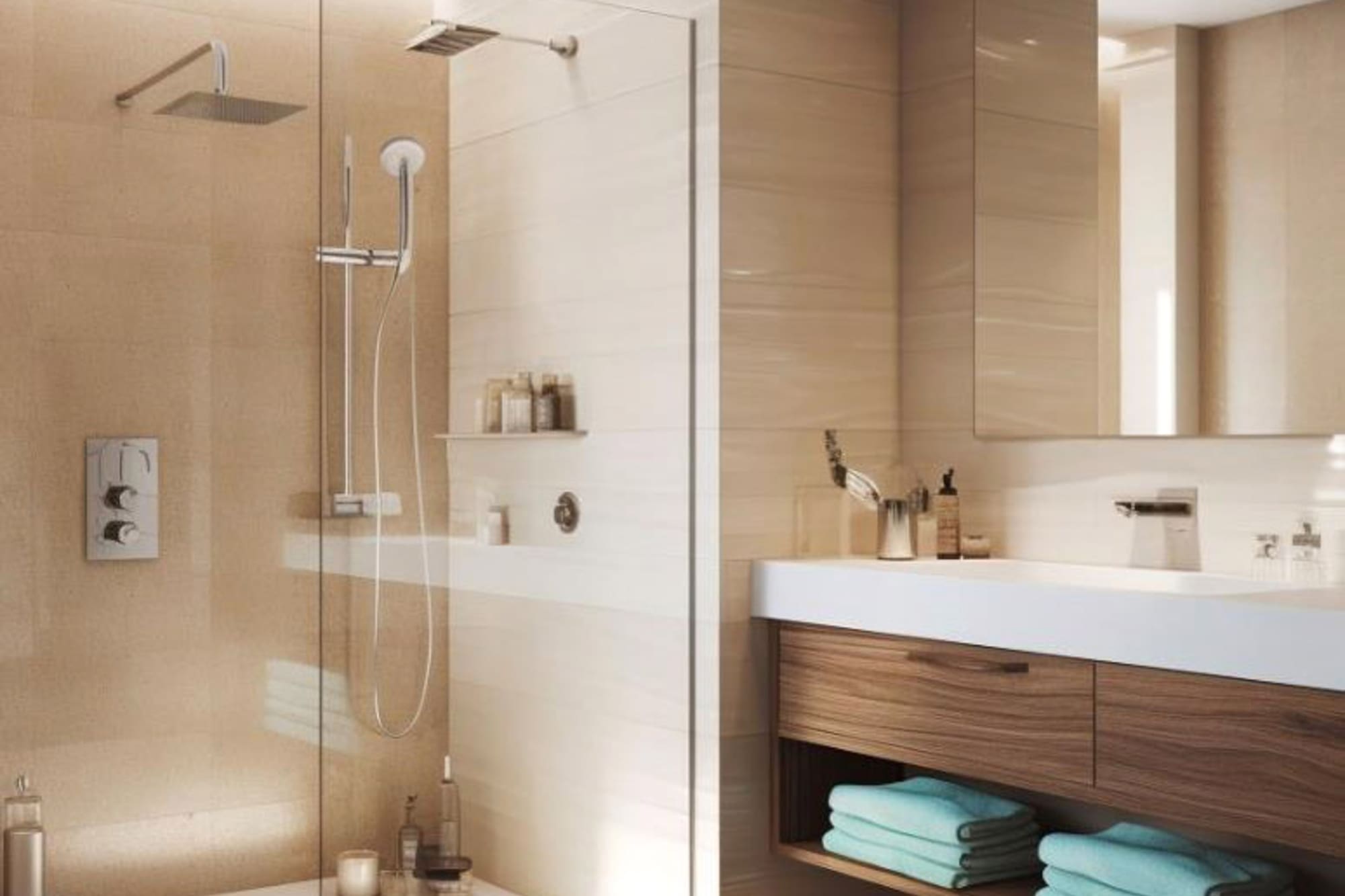 a bathroom with a glass shower door