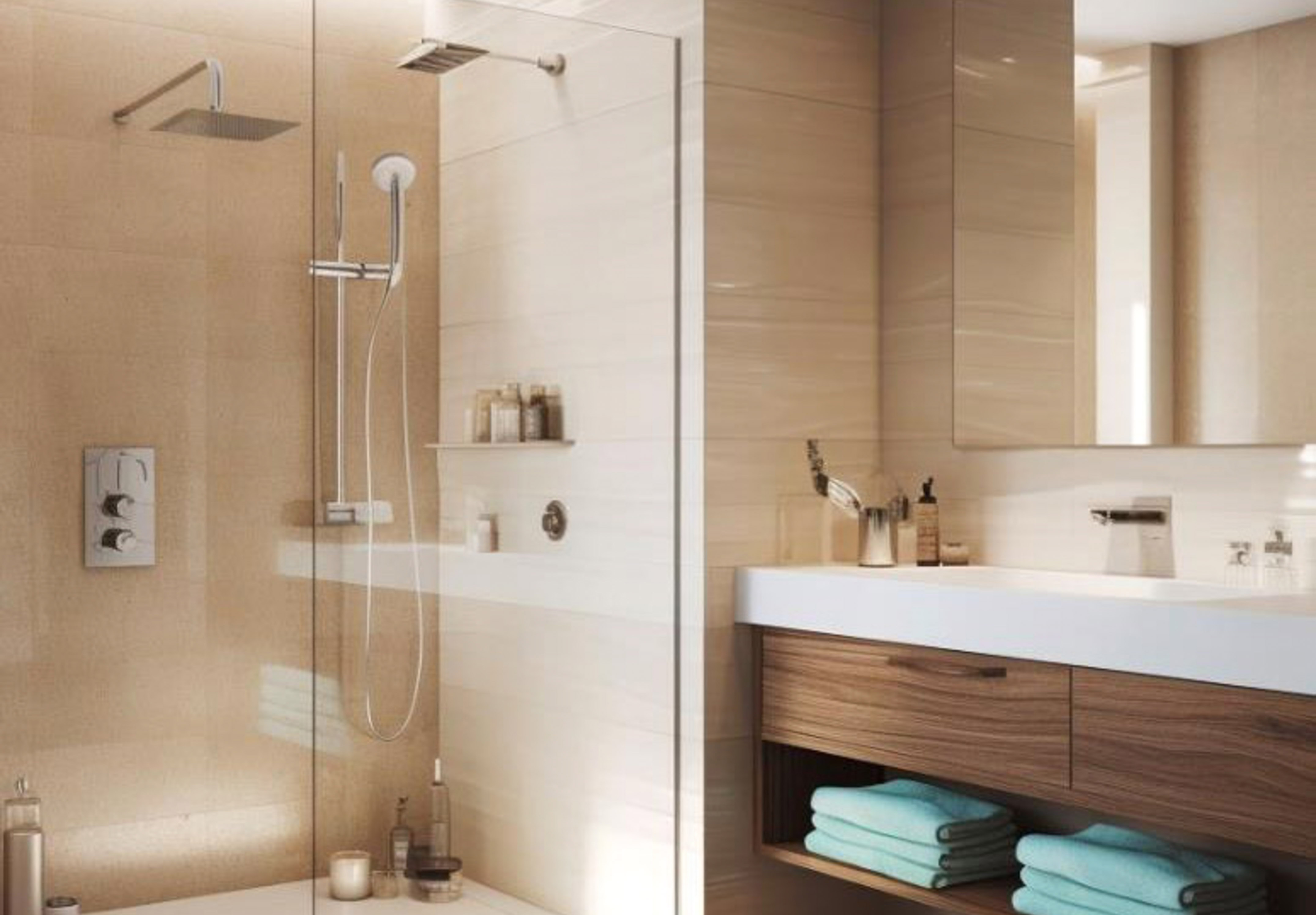 a bathroom with a glass shower door