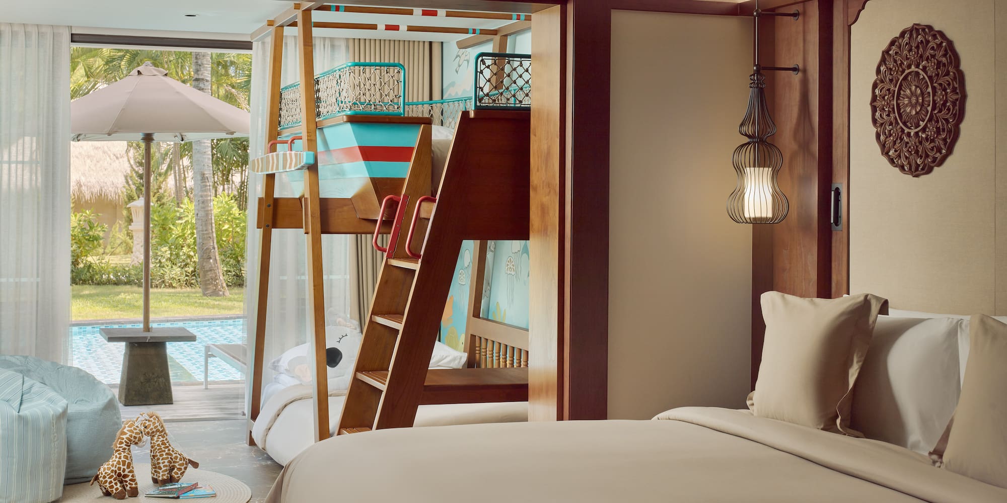 a room with a bed and a slide