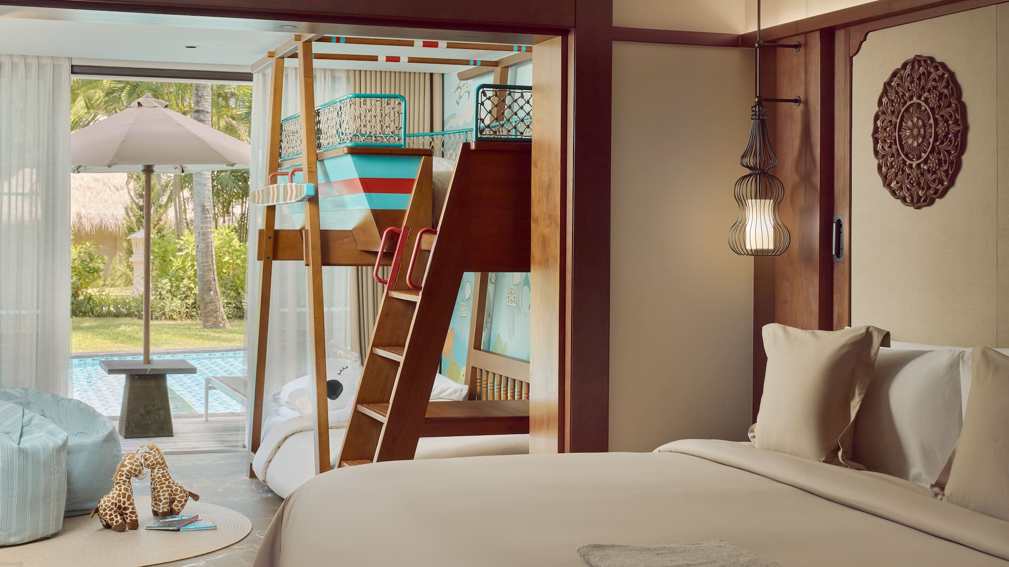 a room with a bed and a slide