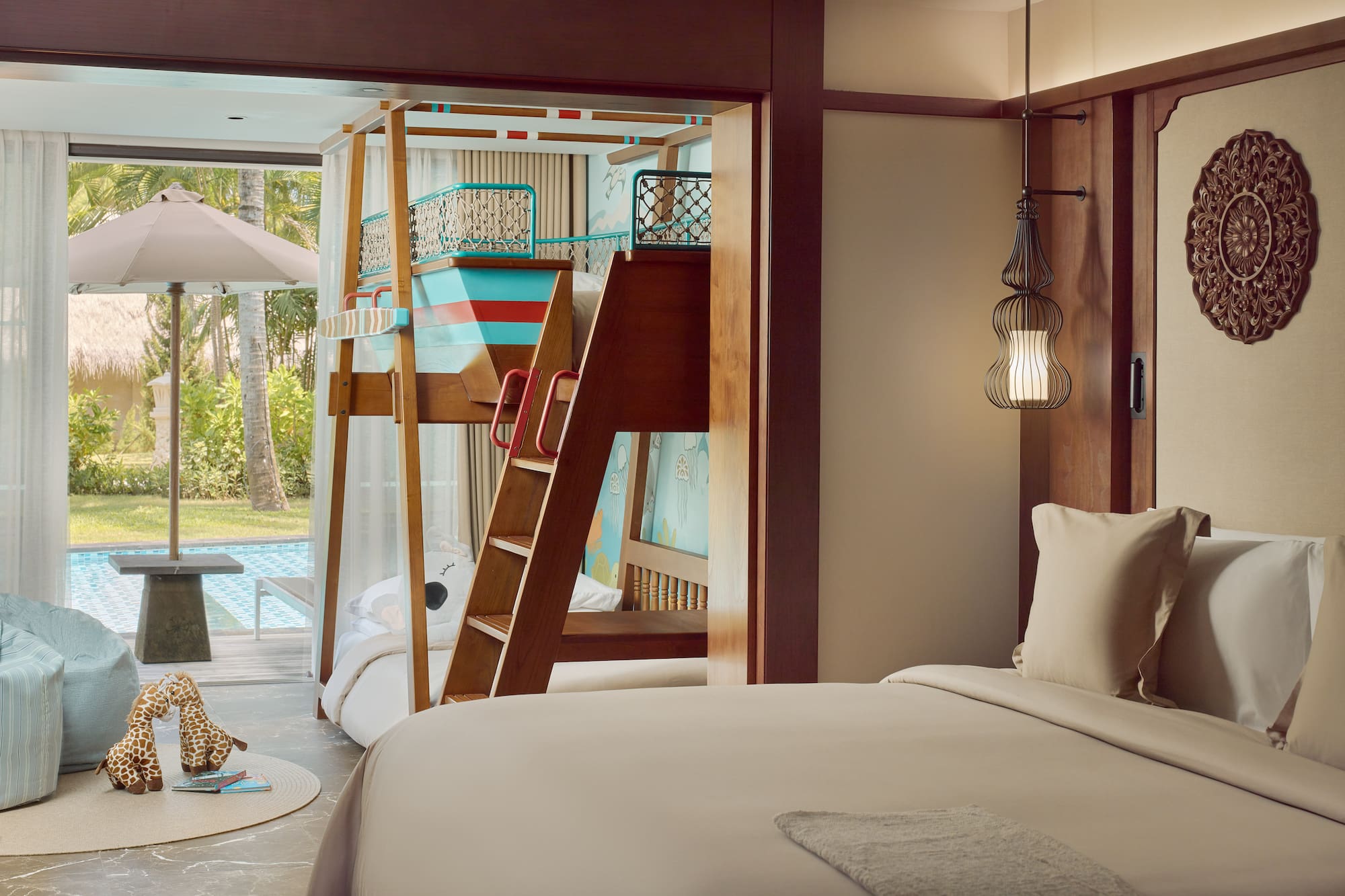 a room with a bed and a slide