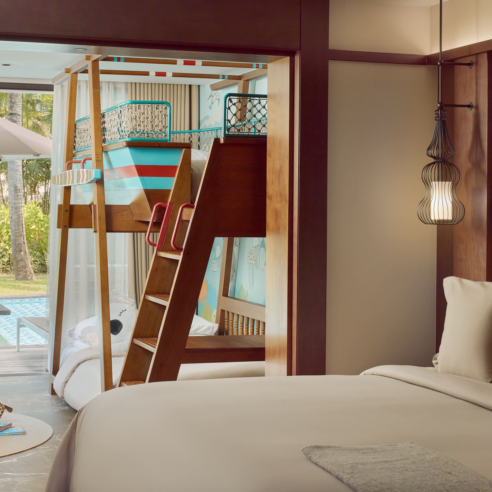 a room with a bed and a slide