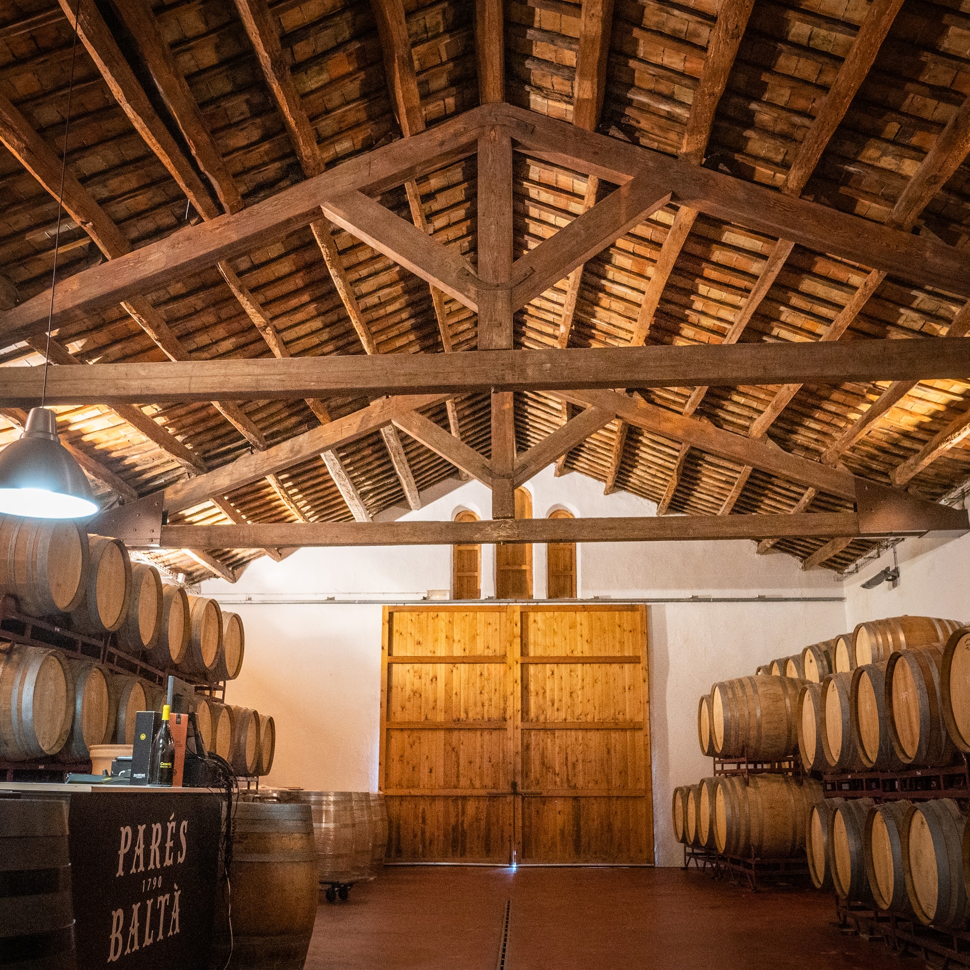 Parés Baltà wine cellar with oak barrels under a rustic wooden beamed ceiling.