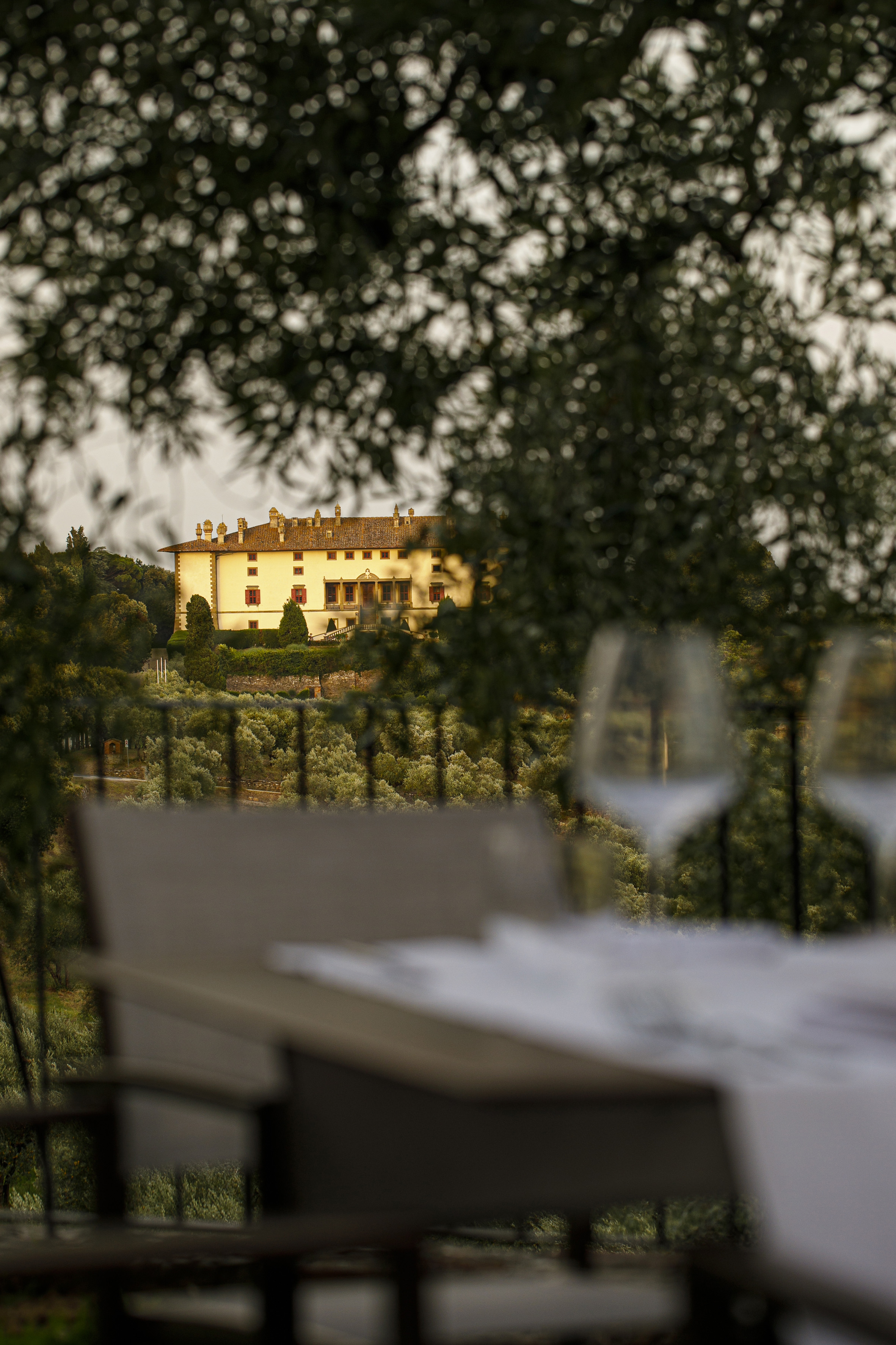 Historic Tuscan villa framed by trees, with outdoor dining in foreground.