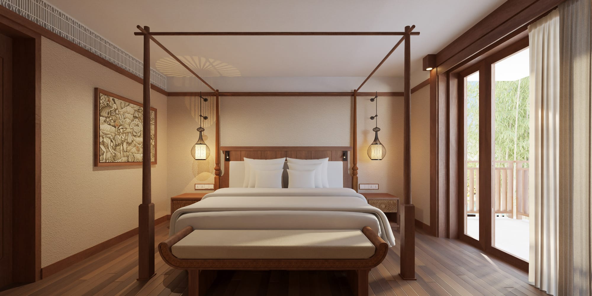 a bed with a four poster bed