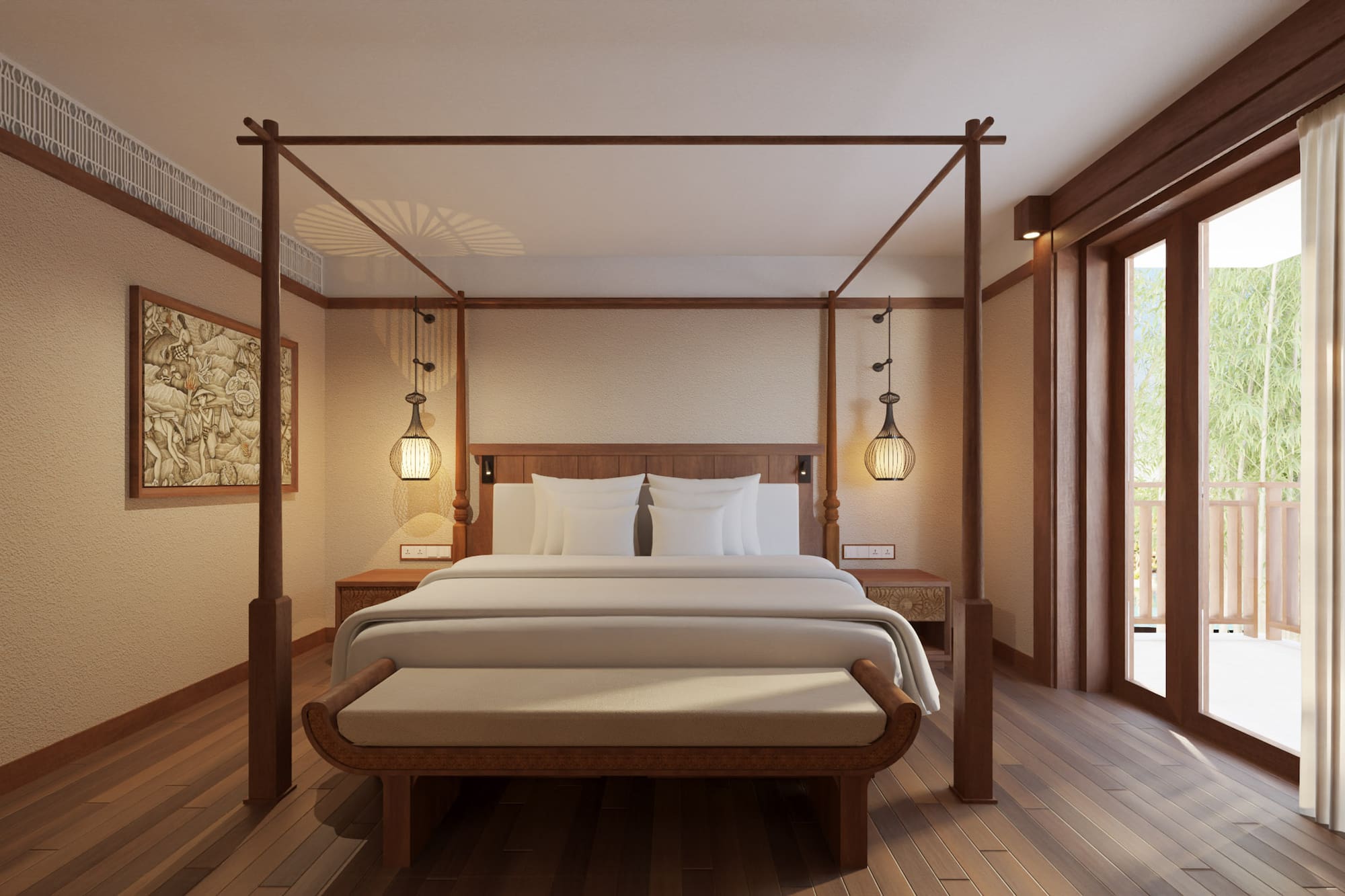 a bed with a four poster bed