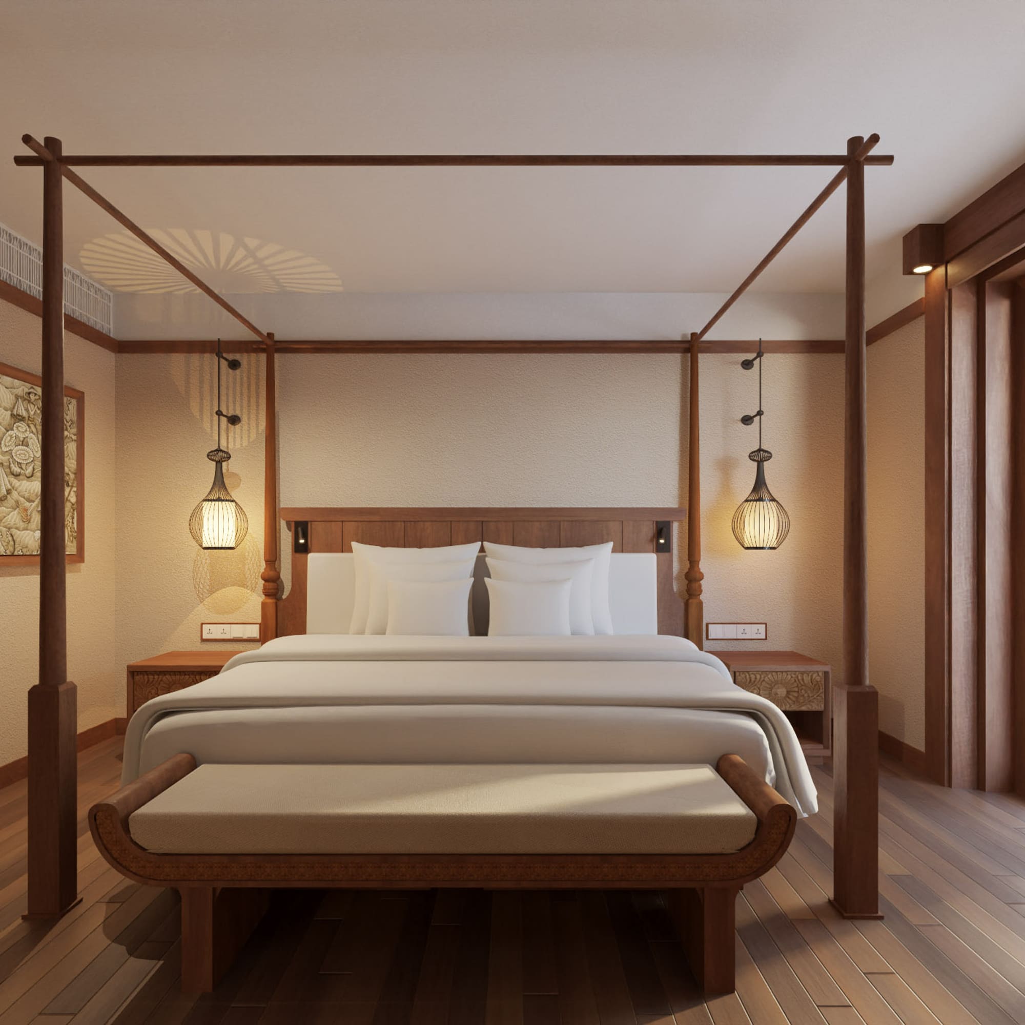 a bed with a four poster bed