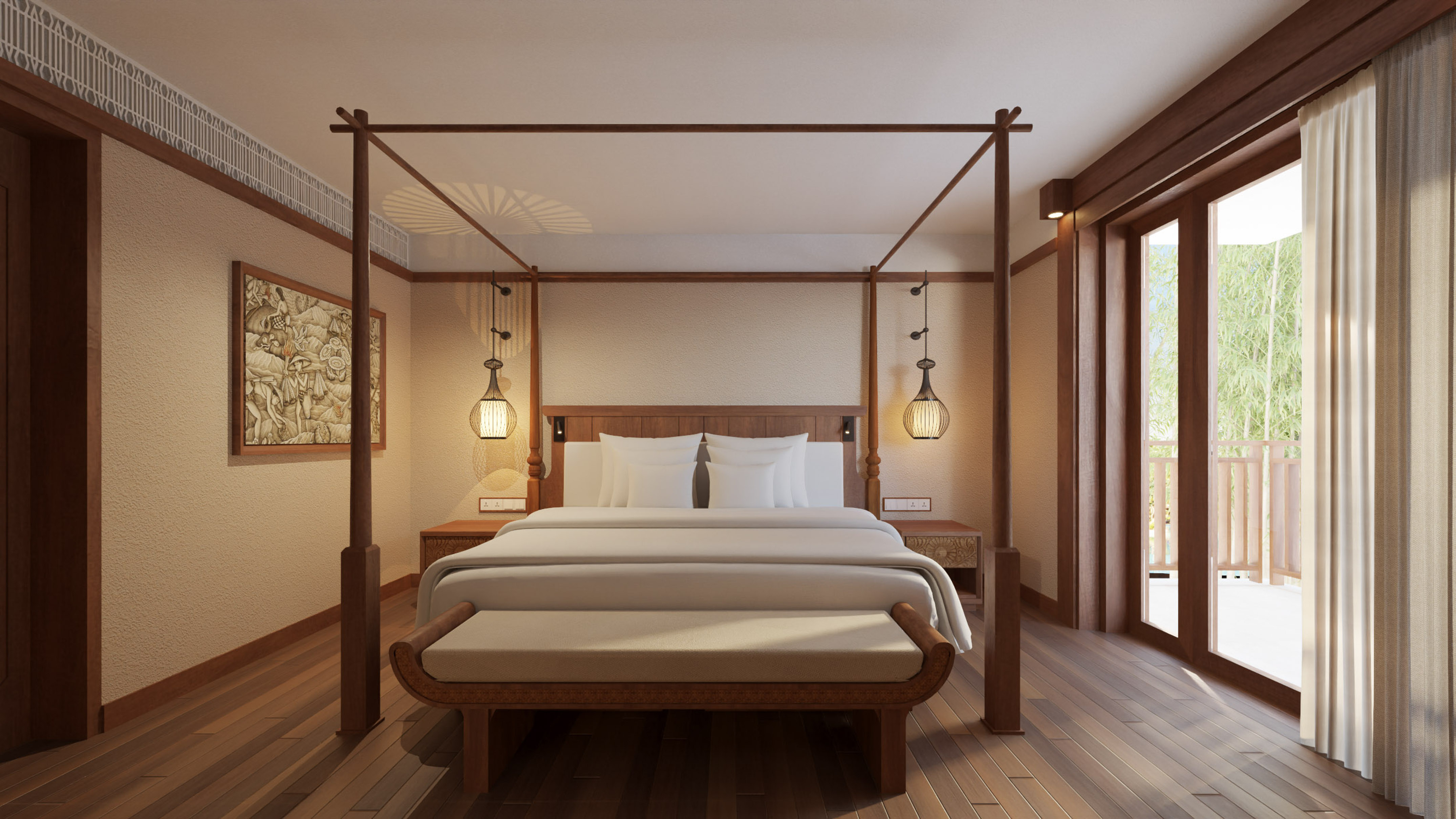 a bed with a four poster bed