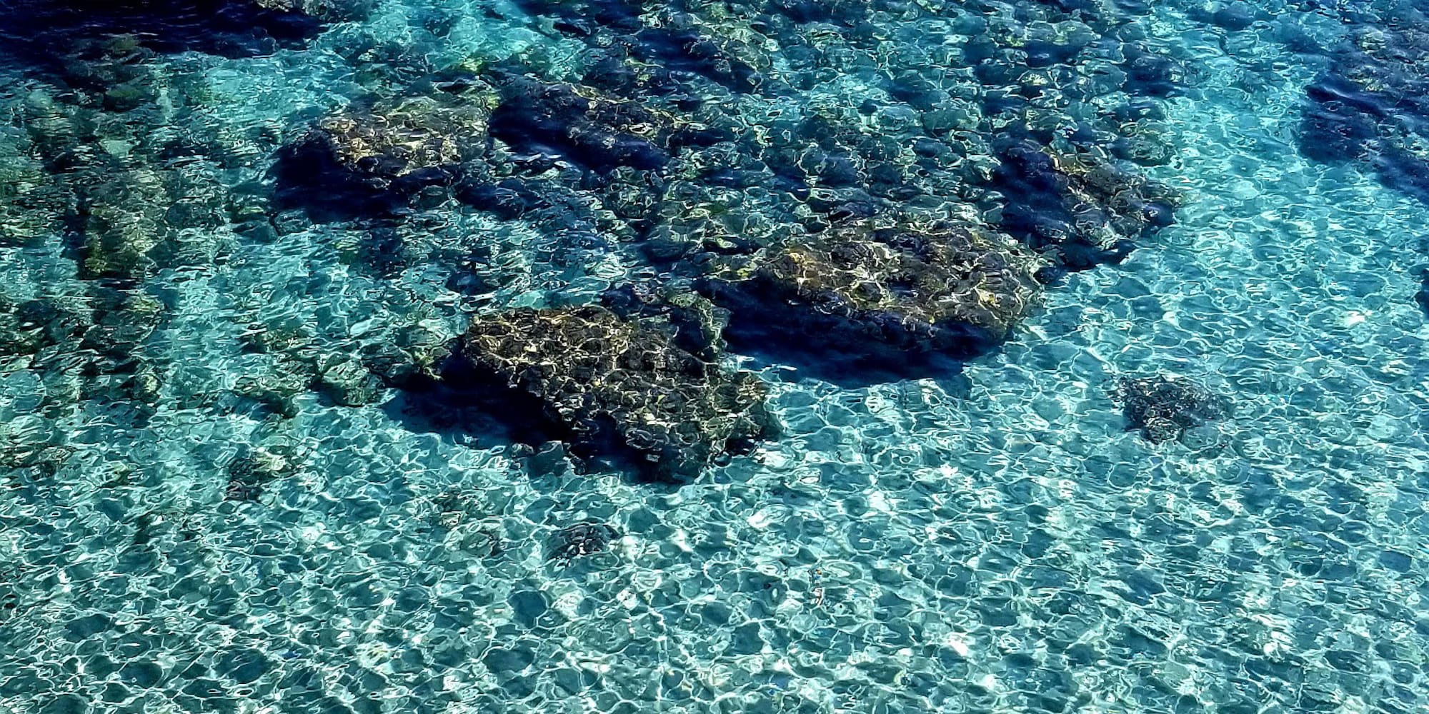Clear turquoise sea with visible rocky seabed and sunlit water patterns.
