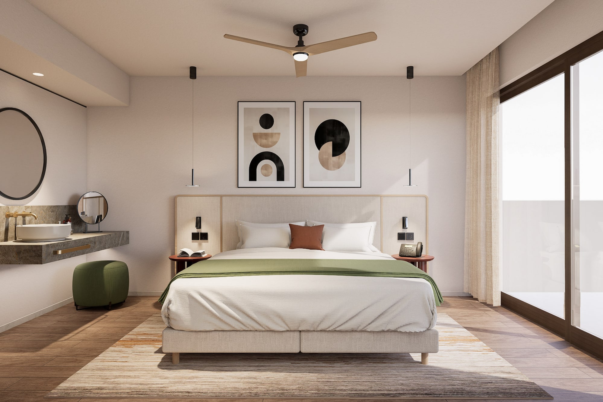 a bedroom with a bed and artwork