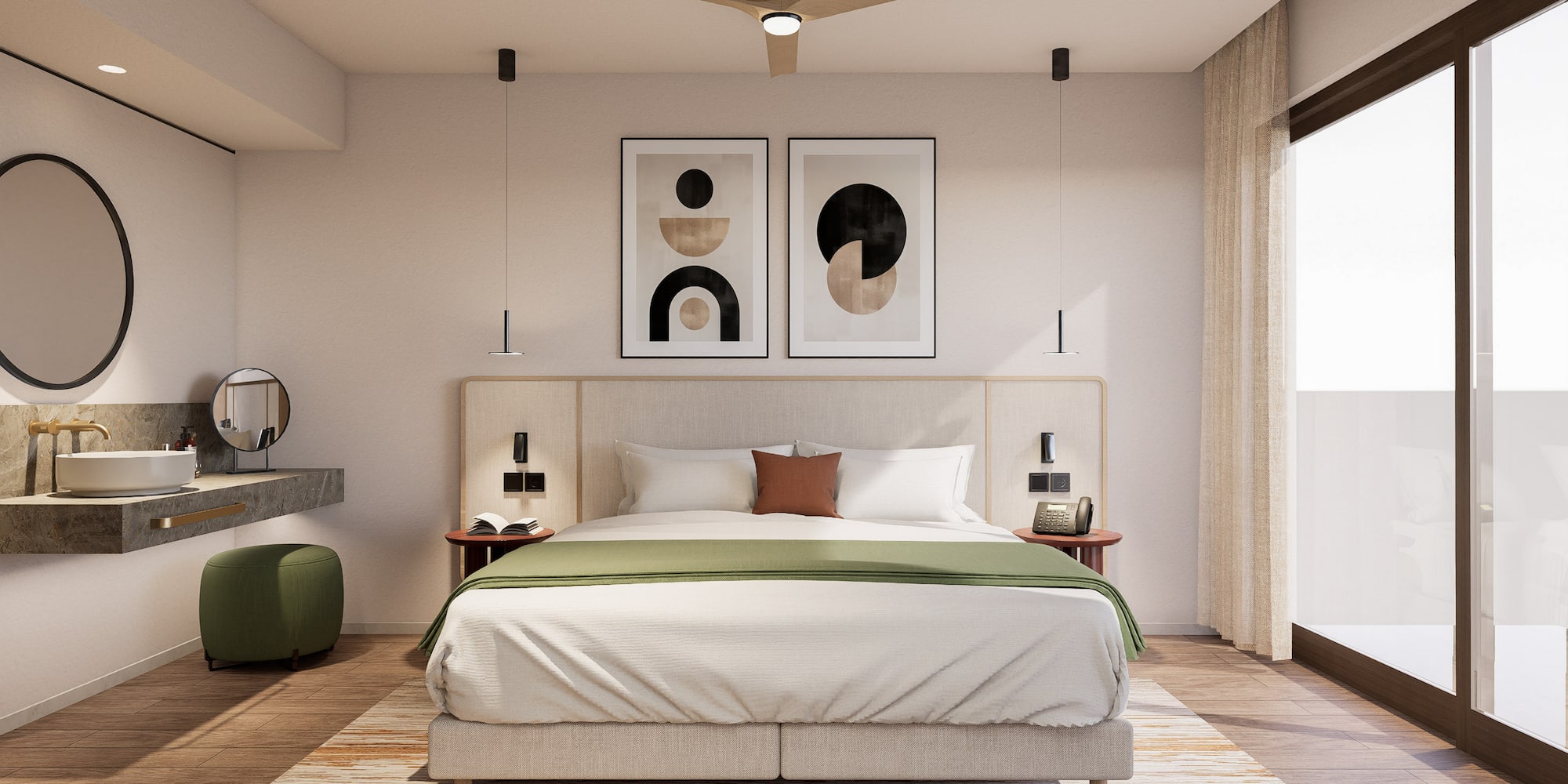 a bedroom with a bed and artwork