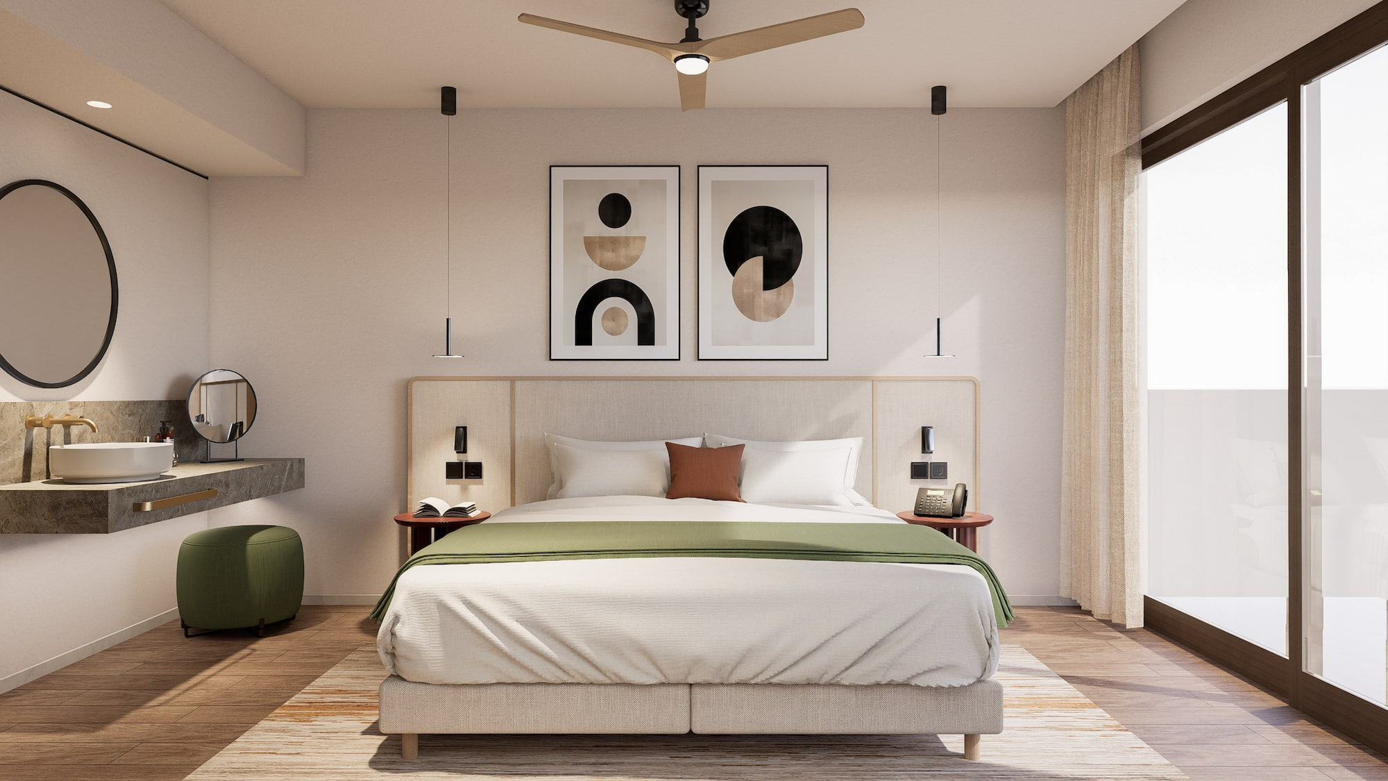 a bedroom with a bed and artwork