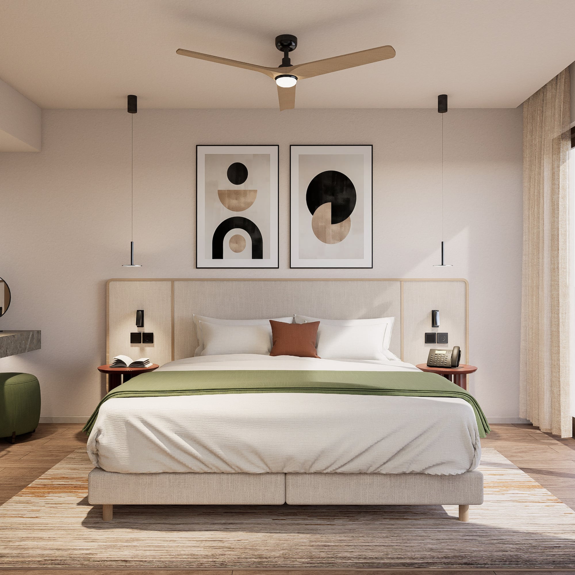 a bedroom with a bed and artwork