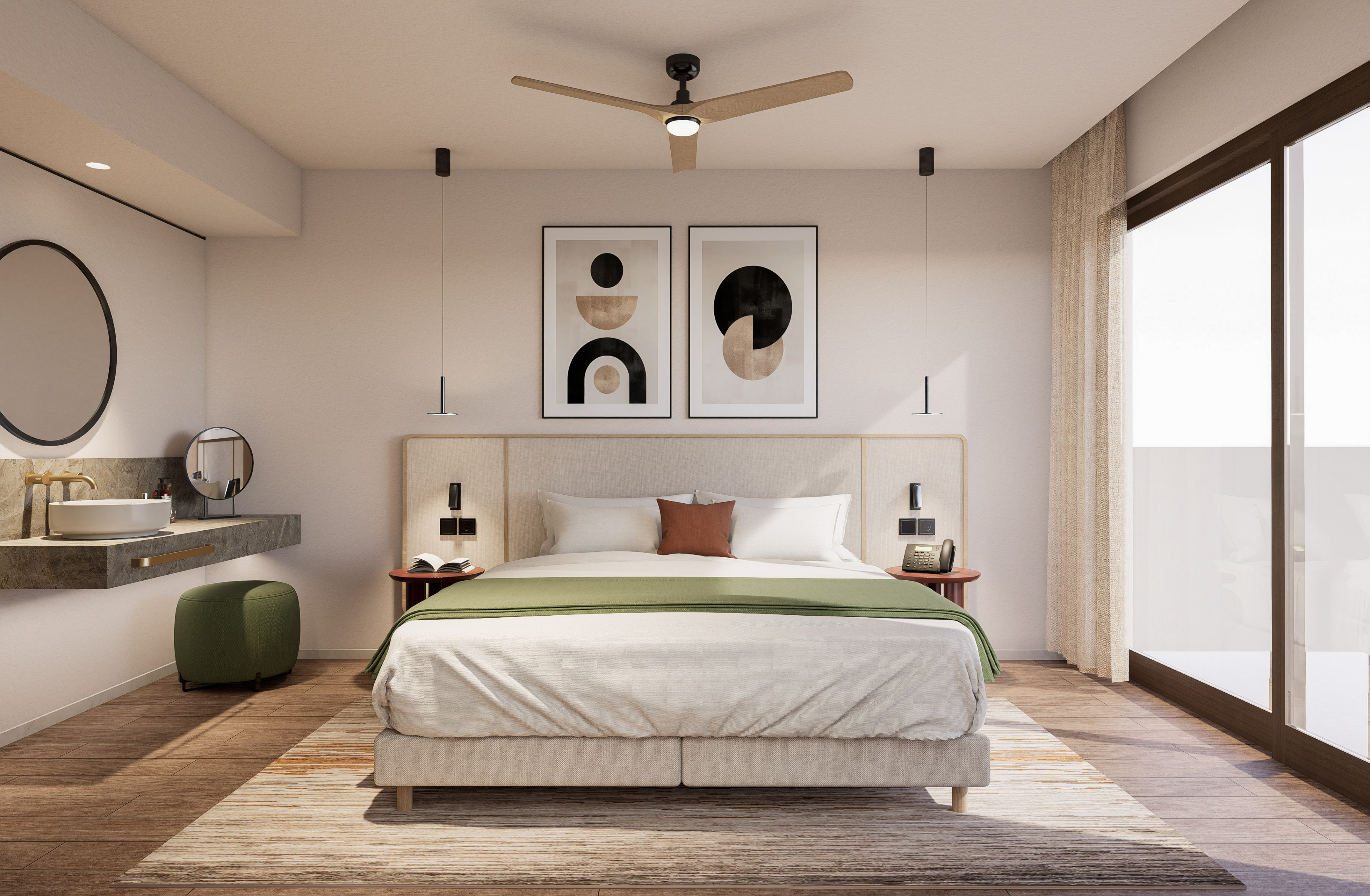 a bedroom with a bed and artwork