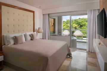 a bed with a glass door