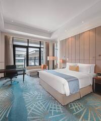 a room with a bed and a desk