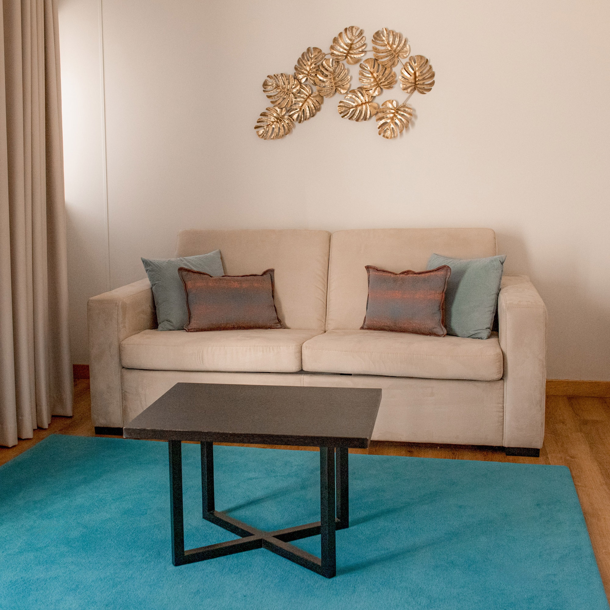 a couch and coffee table in a room