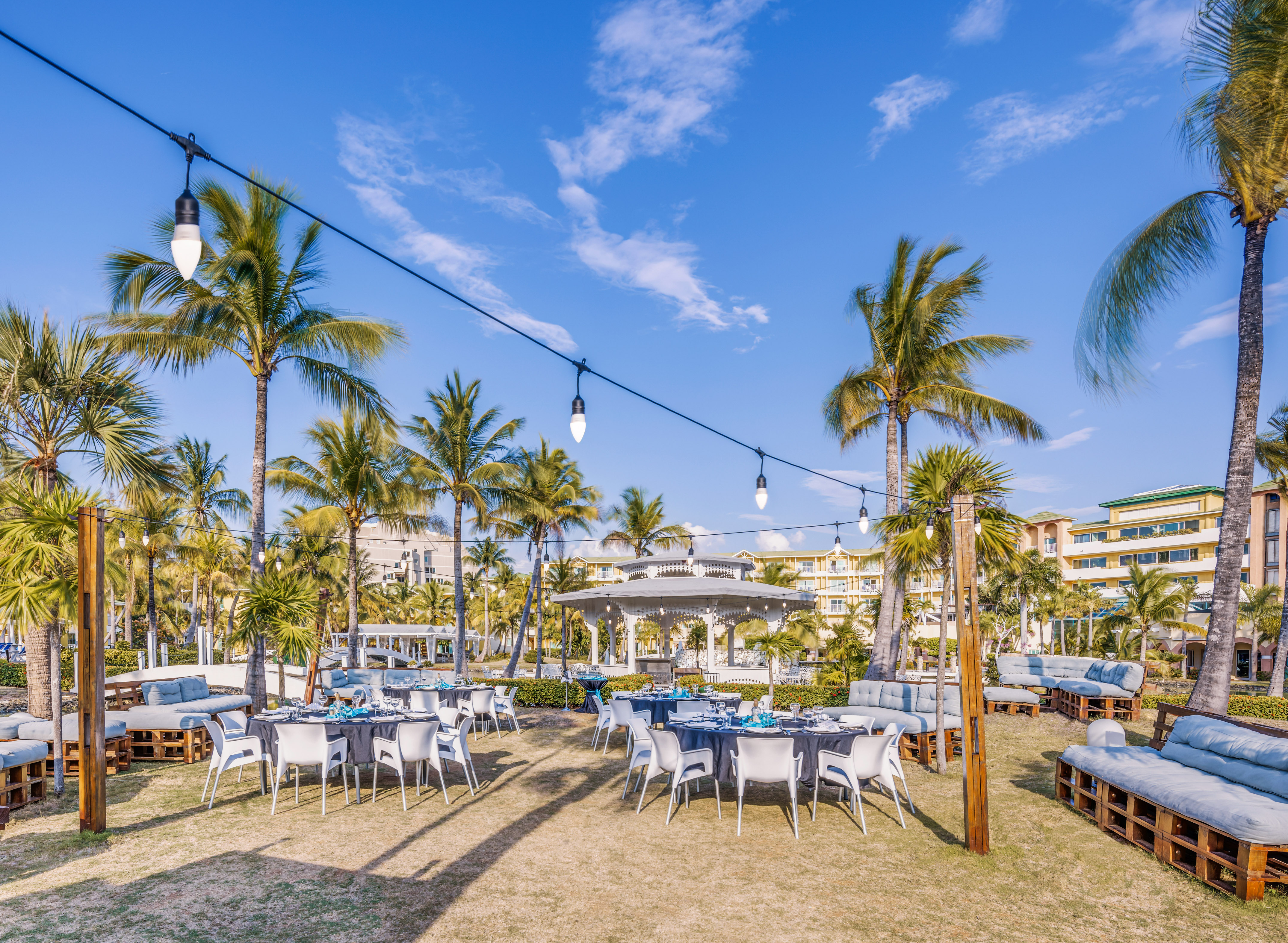 a group of tables and chairs in a yard with palm trees