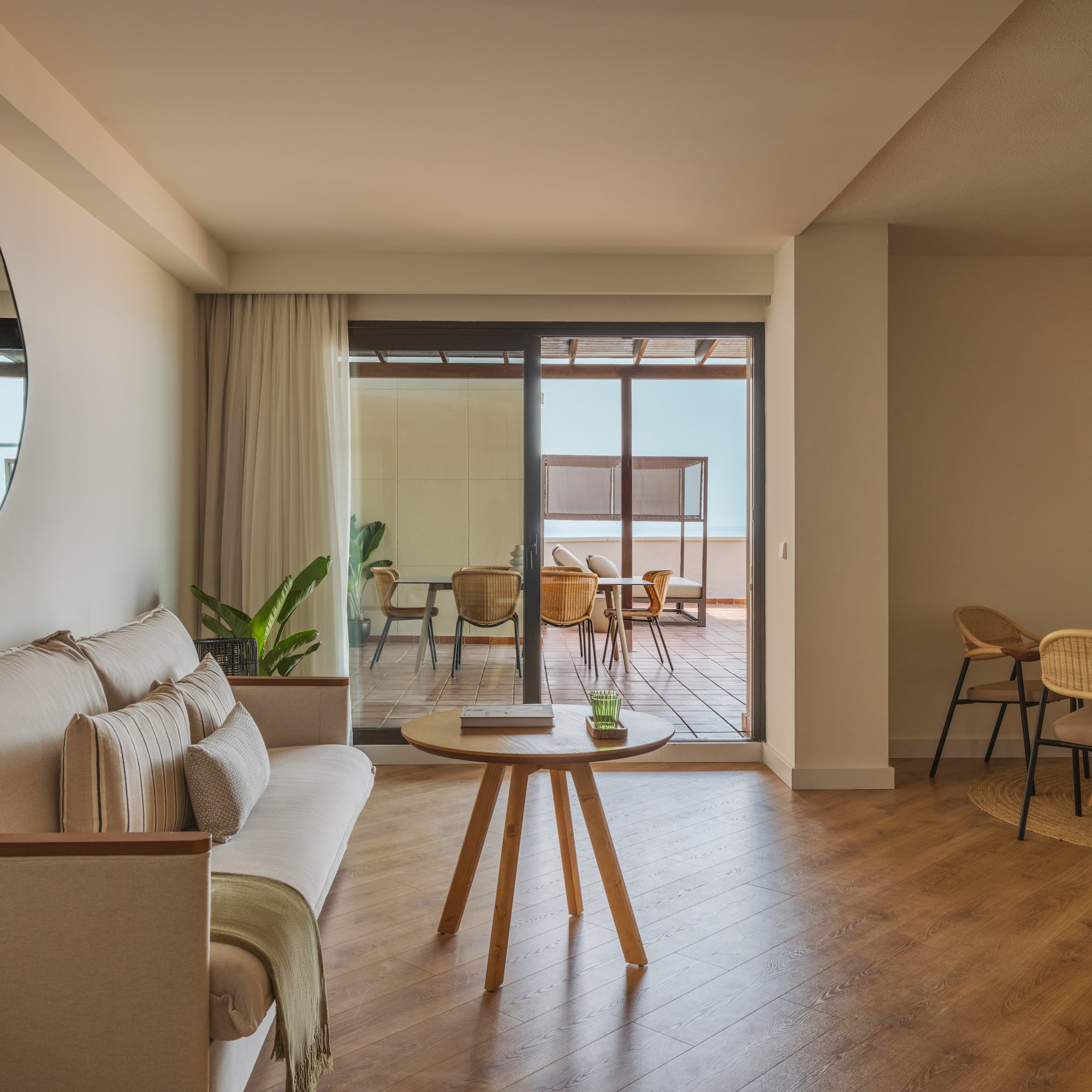 a living room with a couch and a table