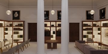 a room with columns and a couch