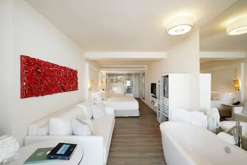 a room with a couch and a bathtub