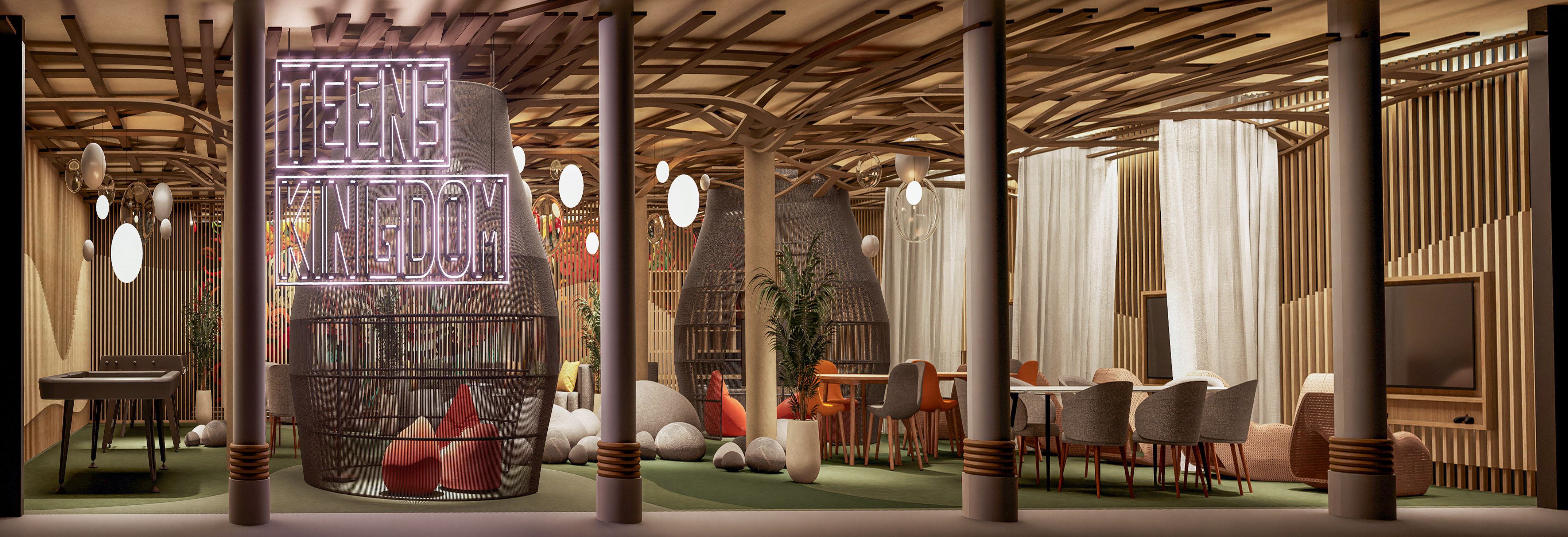 a room with a large area with chairs and tables