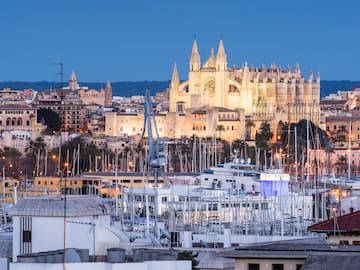 a large castle with many towers and many boats in a harbor