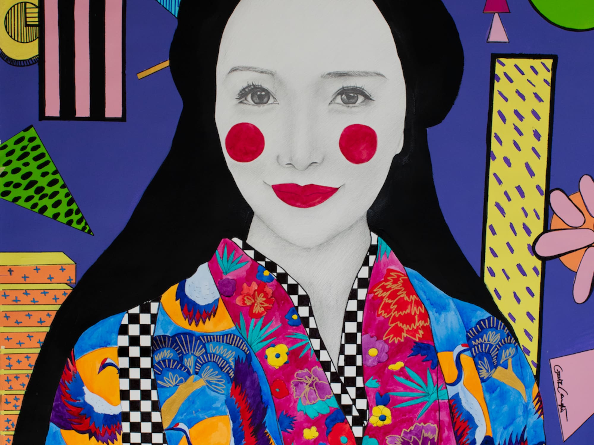 A painting depicting a woman adorned with red dots on her face.