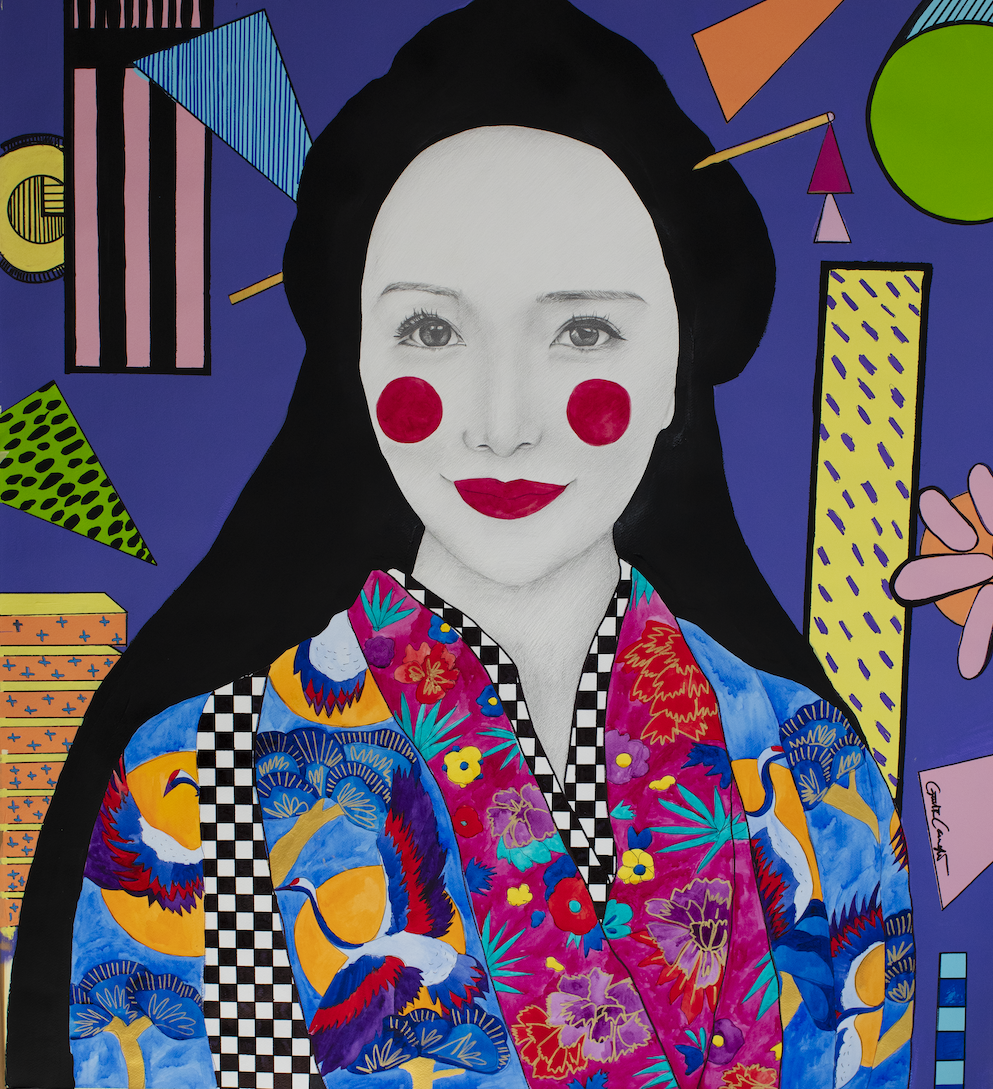 A painting depicting a woman adorned with red dots on her face.