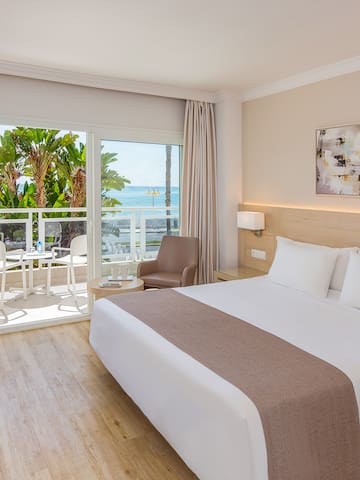 a bedroom with a large bed and a glass door