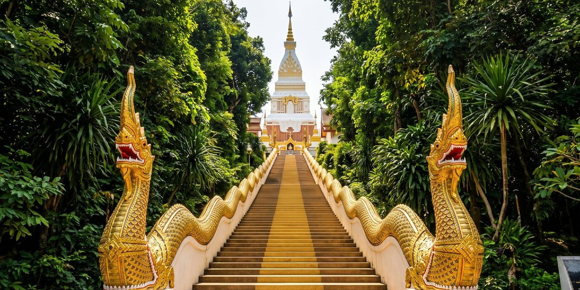 Golden Naga stairs to a white Thai Buddhist temple framed by green trees.