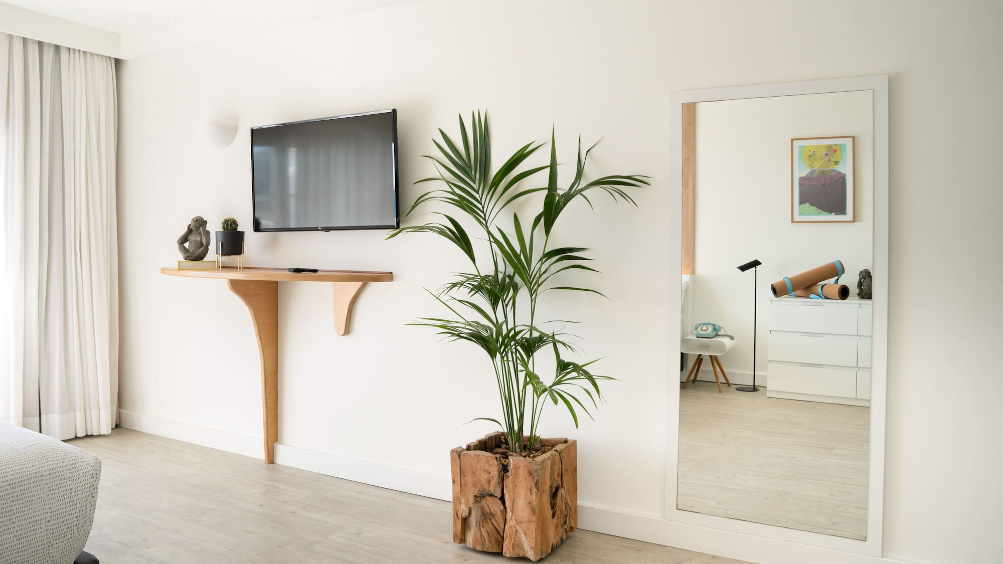 a room with a television and a plant in a pot
