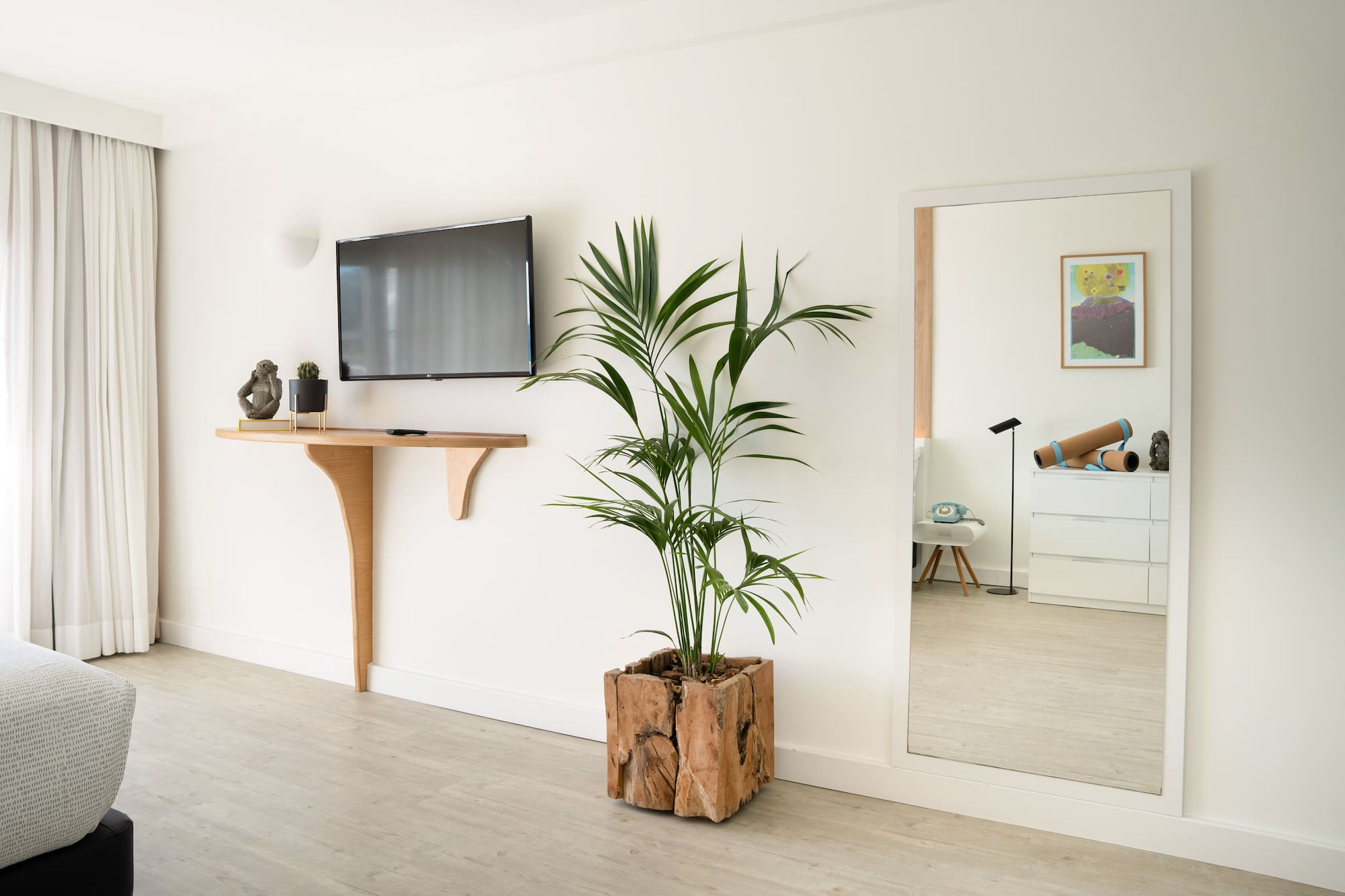 a room with a television and a plant in a pot