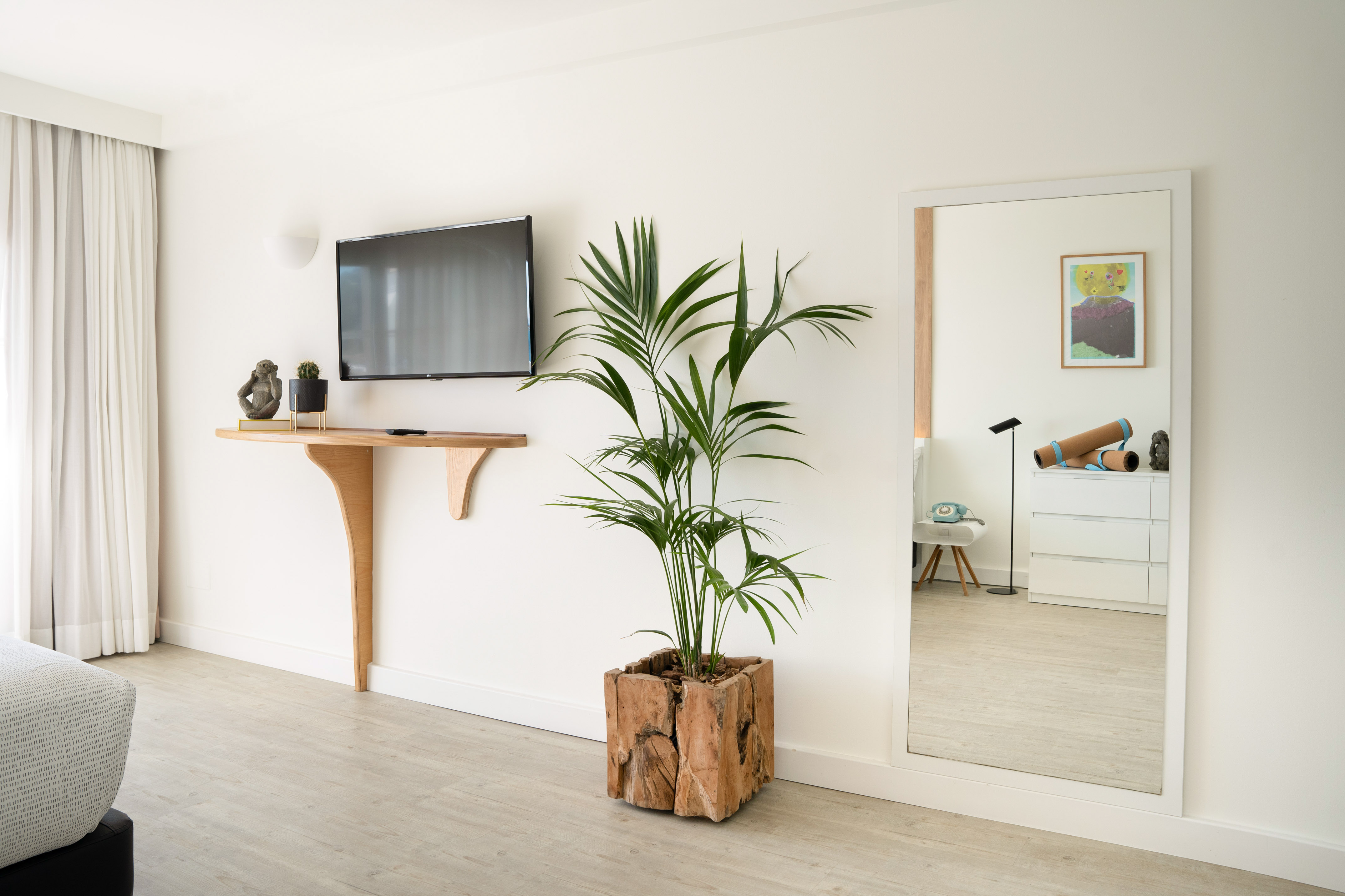 Bright room with wall TV, wood floating shelf, palm plant, and large mirror.