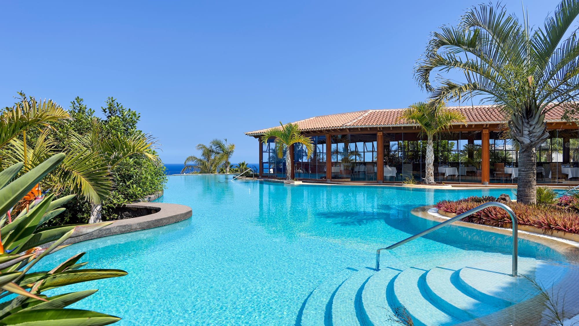 Tropical infinity pool, resort restaurant, palm trees, and clear sky.