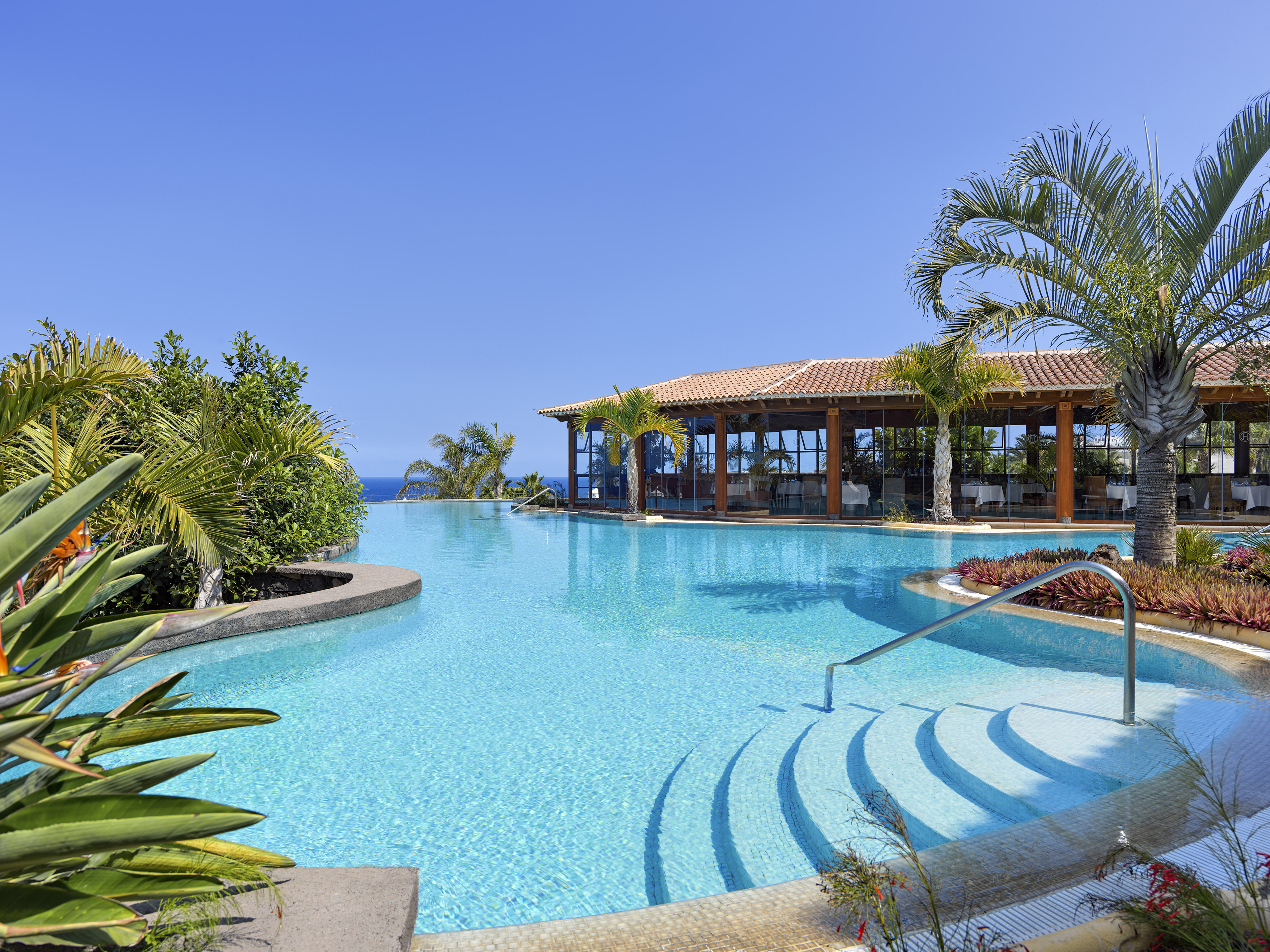 Tropical infinity pool, resort restaurant, palm trees, and clear sky.