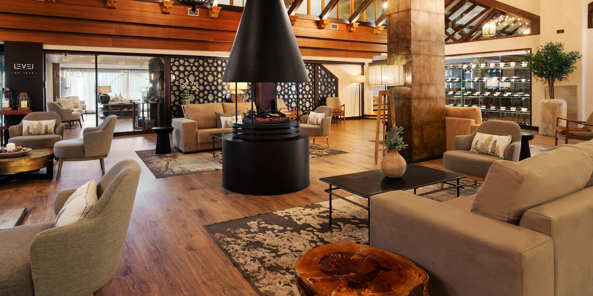 a room with a fireplace and a couch