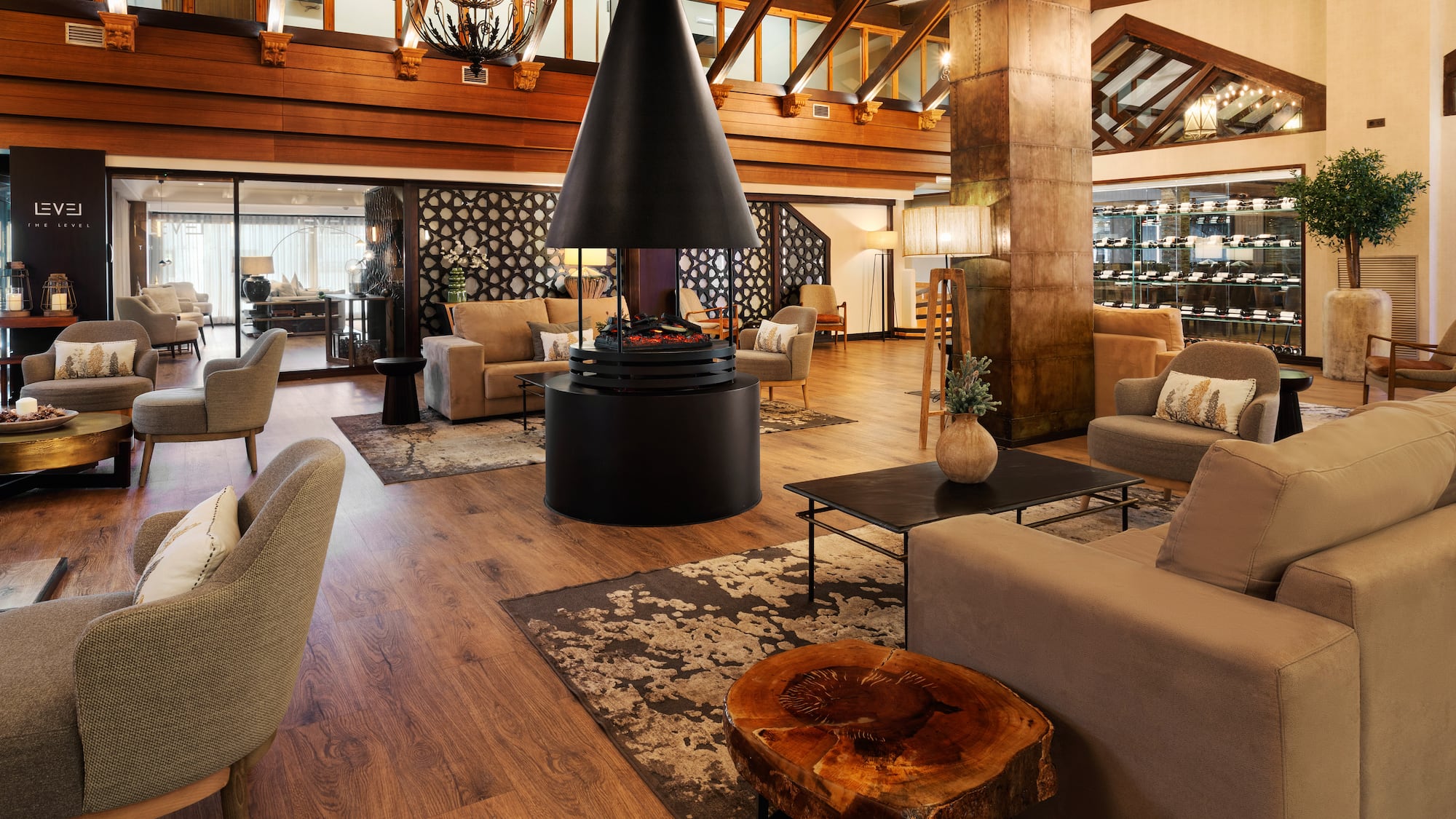 a room with a fireplace and a couch