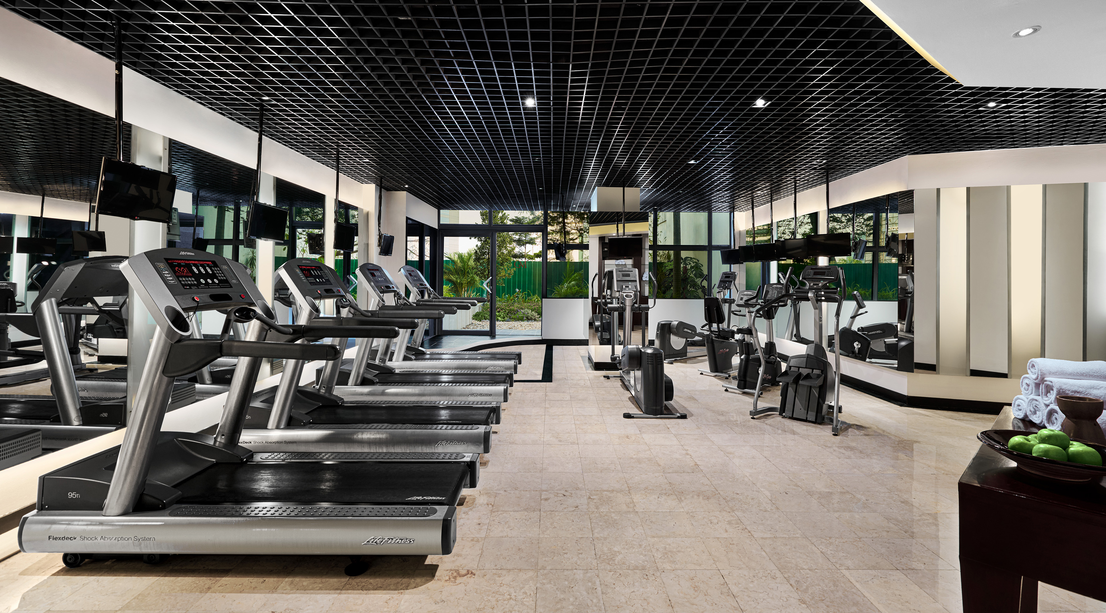 Modern fitness center with treadmills, exercise equipment, and garden view.