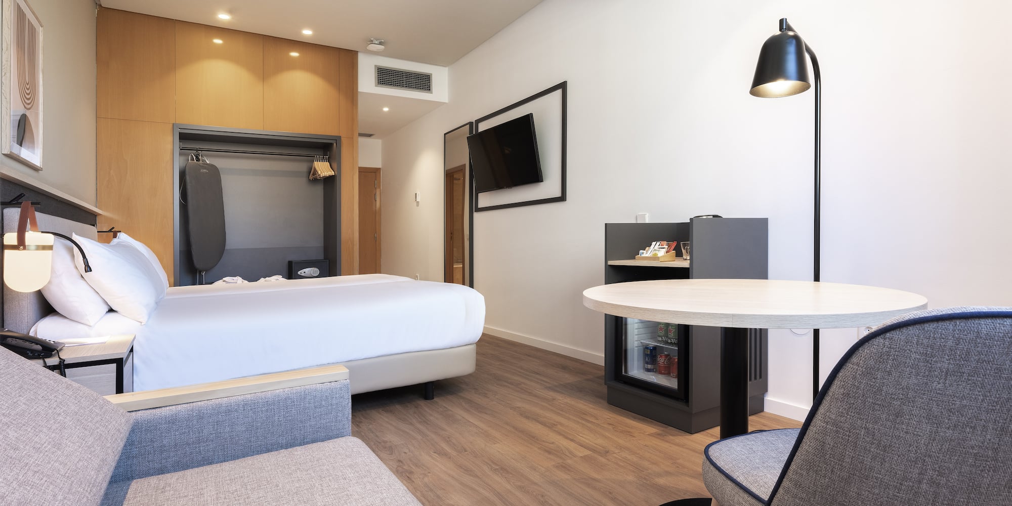 a room with a bed and a table