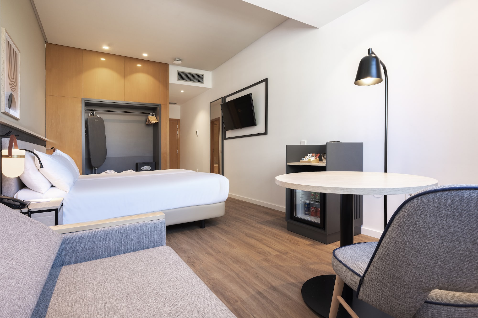 a room with a bed and a table