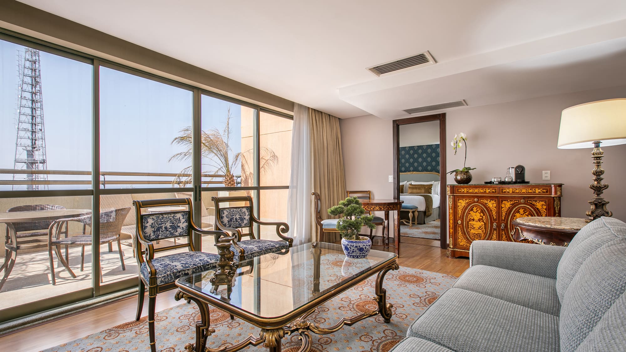 a living room with a couch and a table