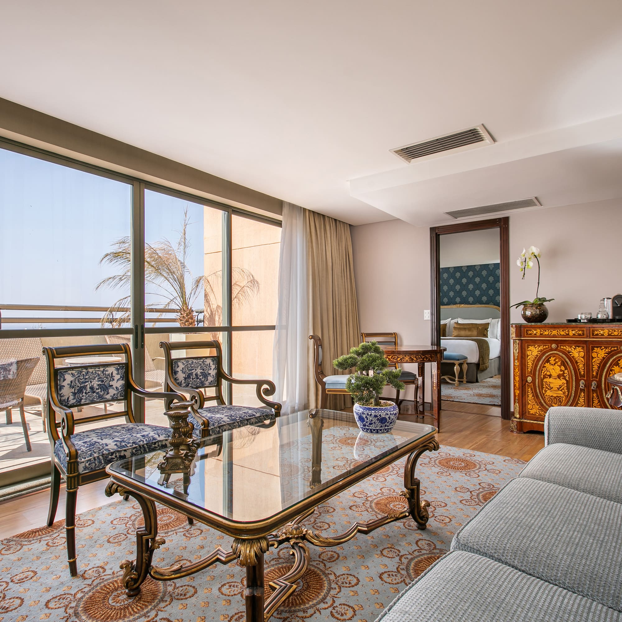 a living room with a couch and a table