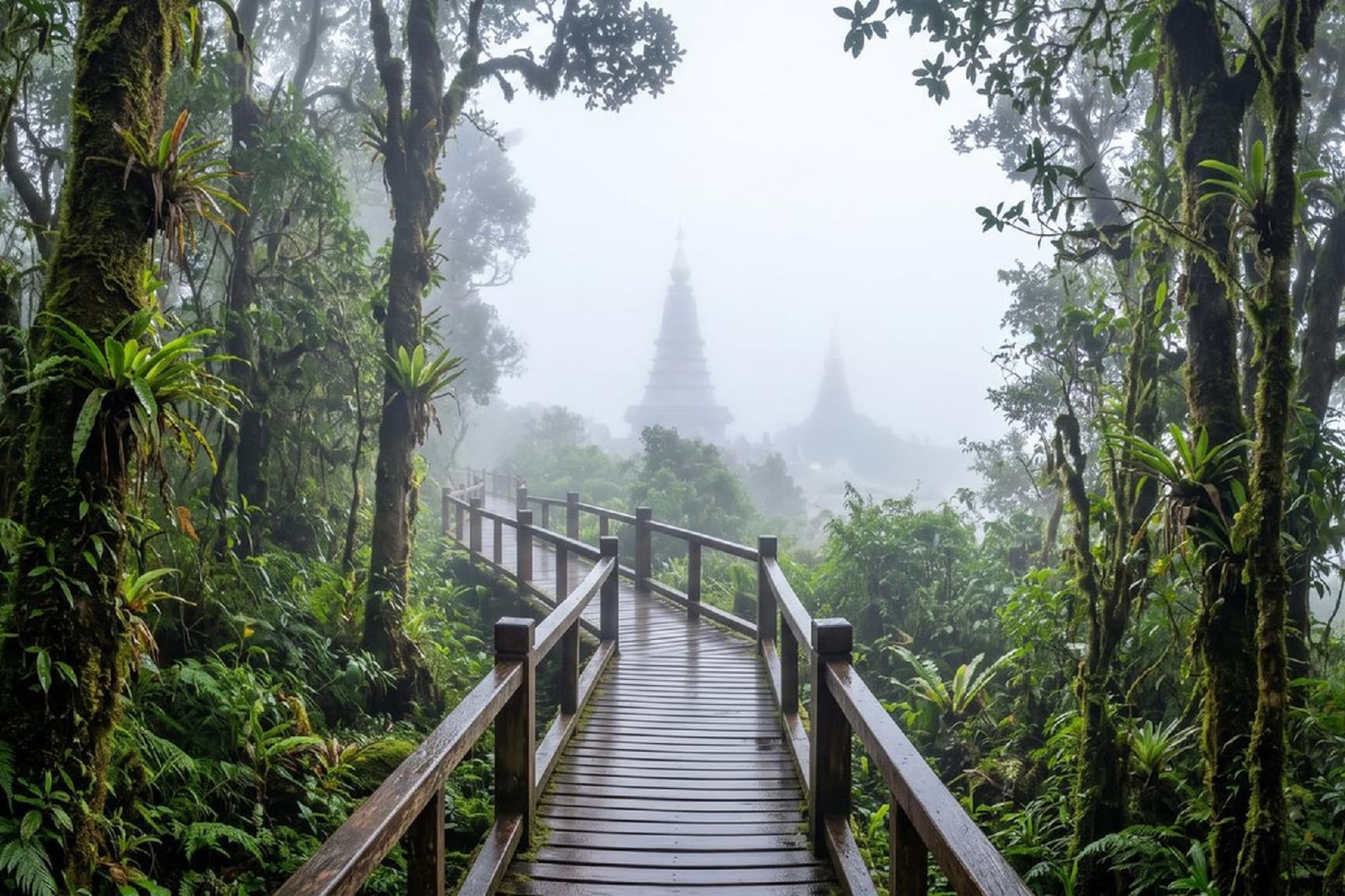 Misty cloud forest boardwalk, mossy trees, distant hazy pagodas.