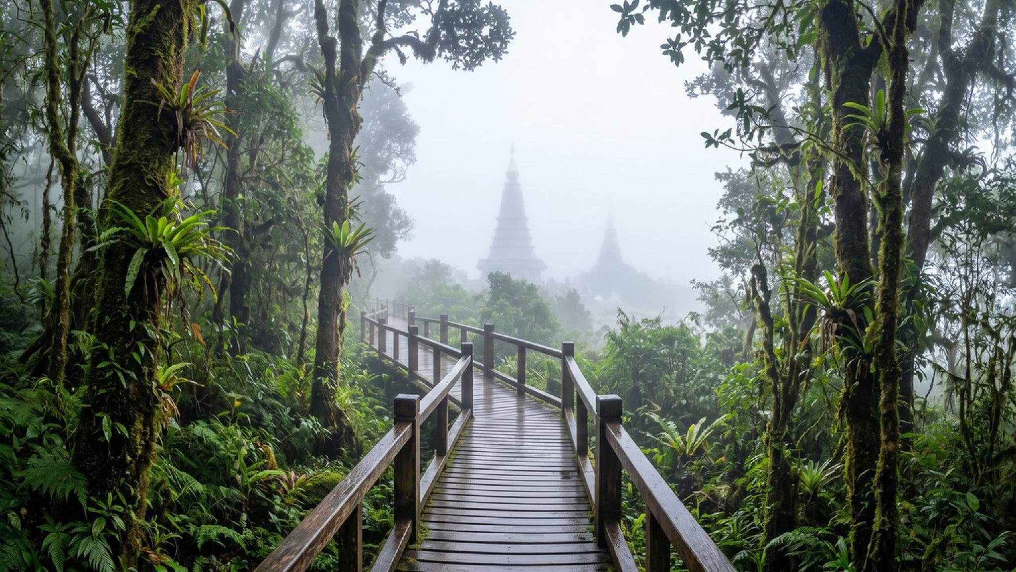 Misty cloud forest boardwalk, mossy trees, distant hazy pagodas.