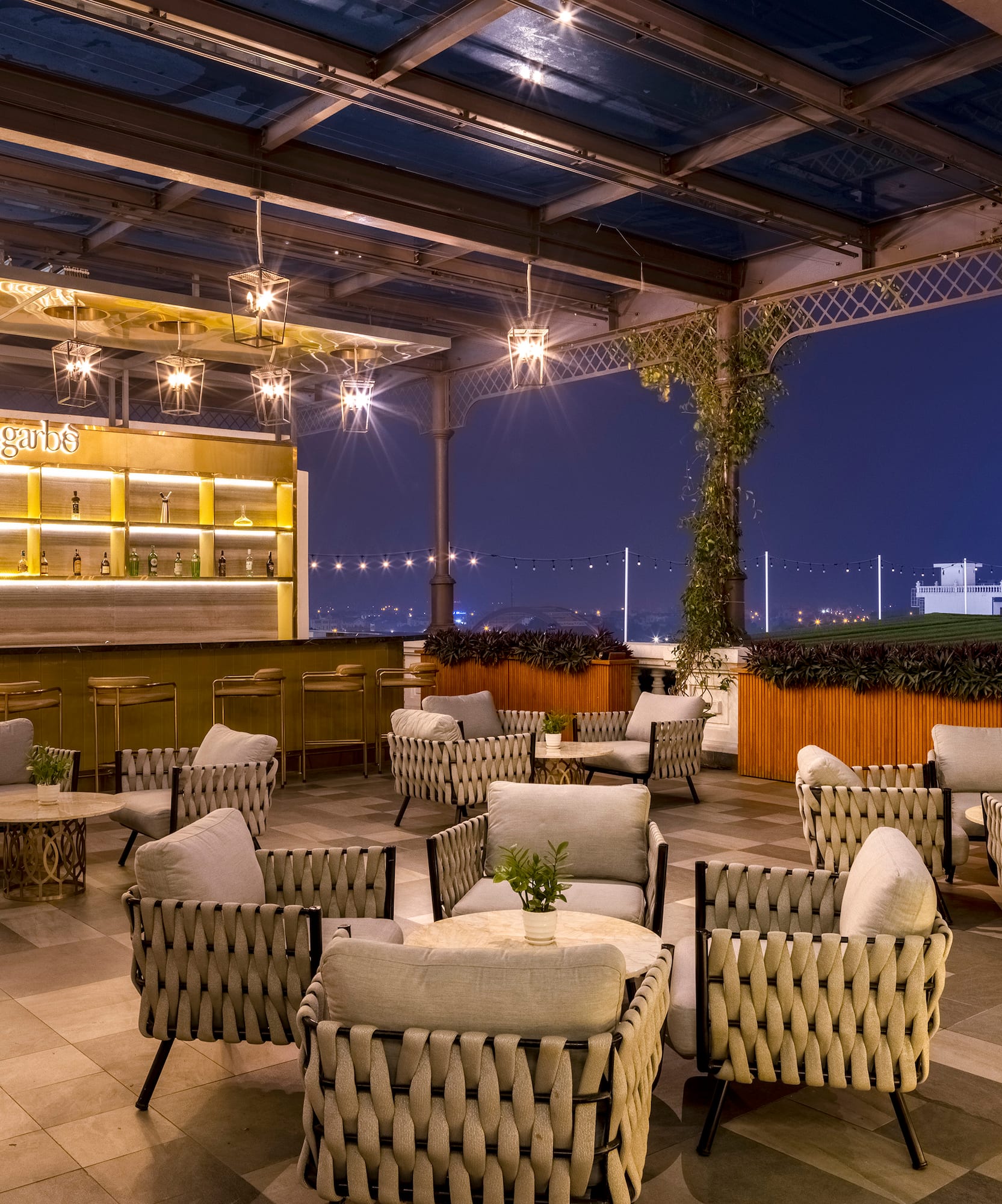 a patio with chairs and tables