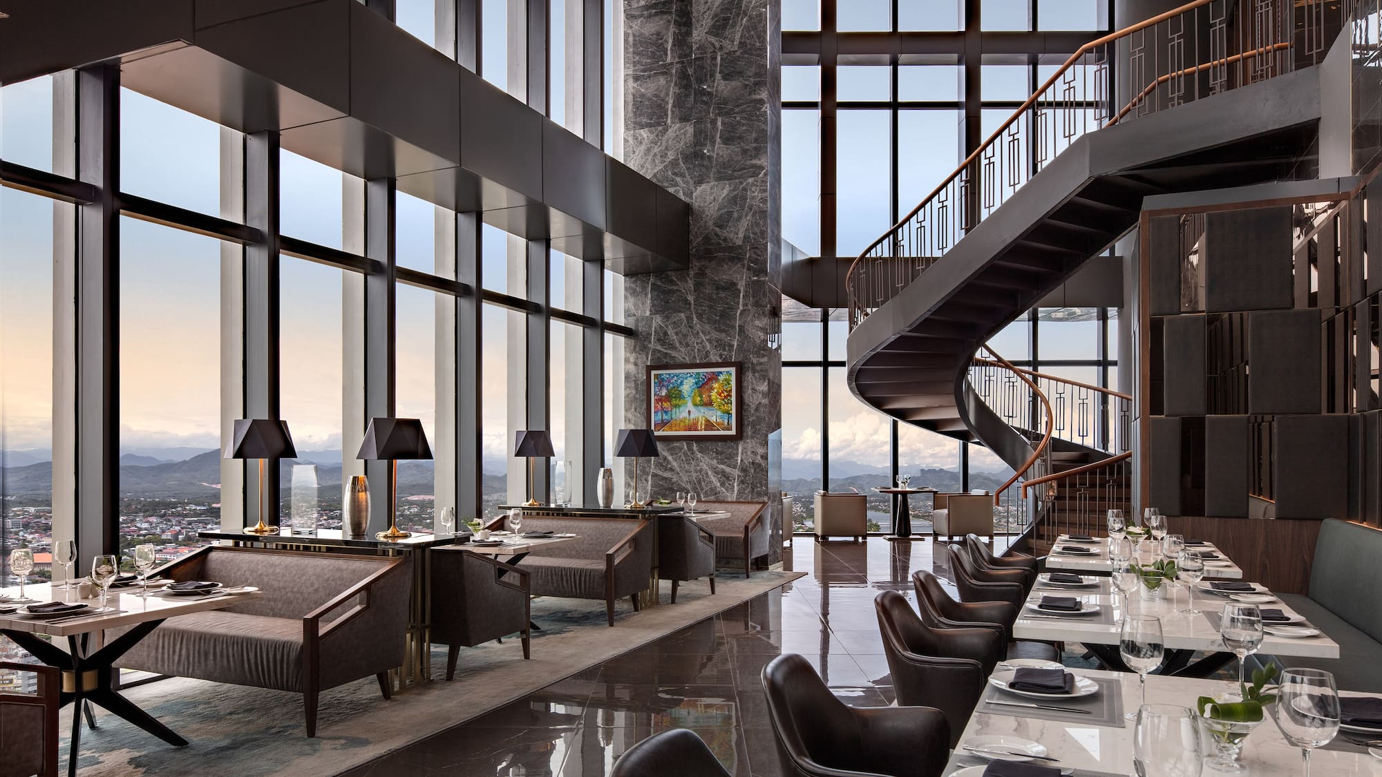 a restaurant with a spiral staircase