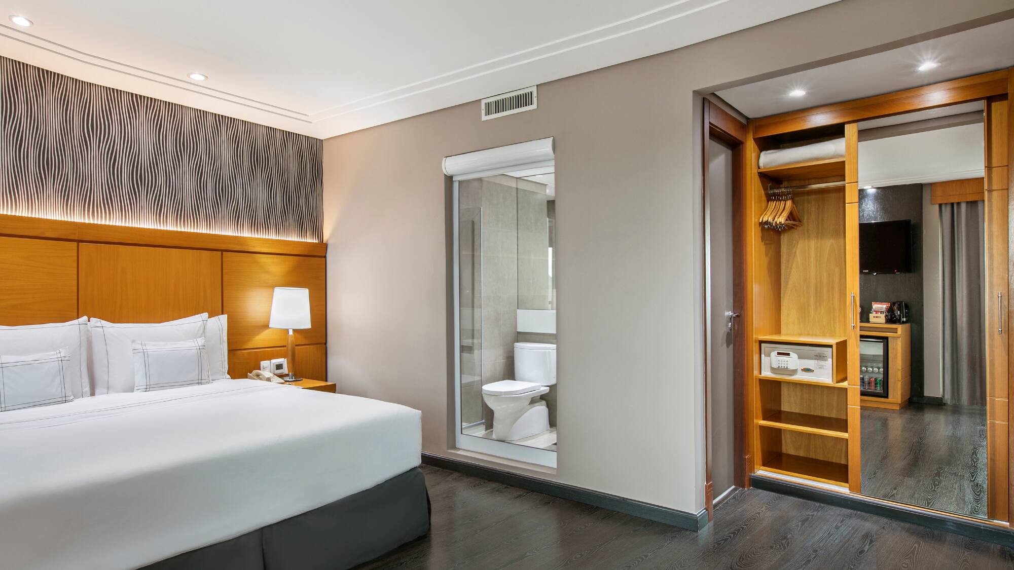 a bedroom with a bed and a closet